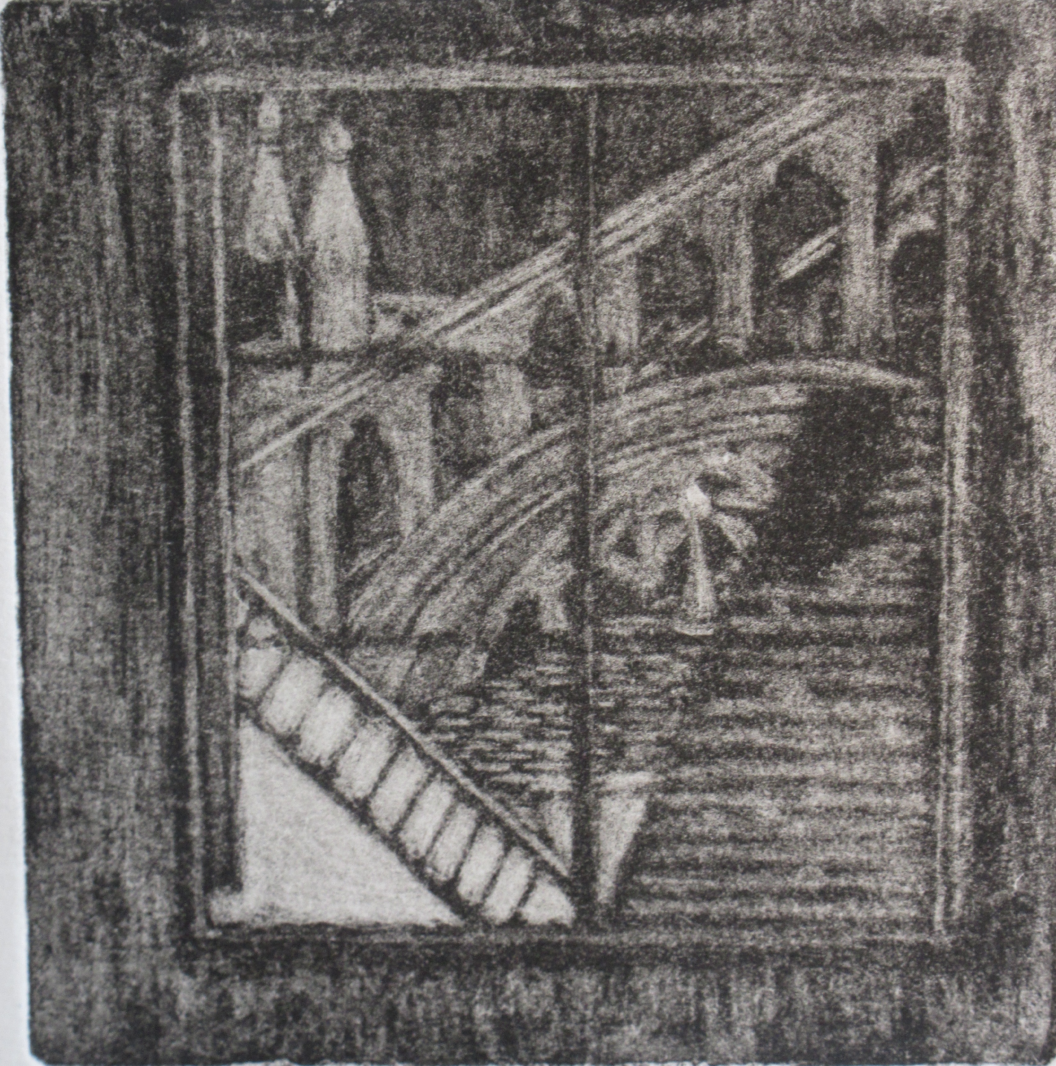 Black and white etching of a window