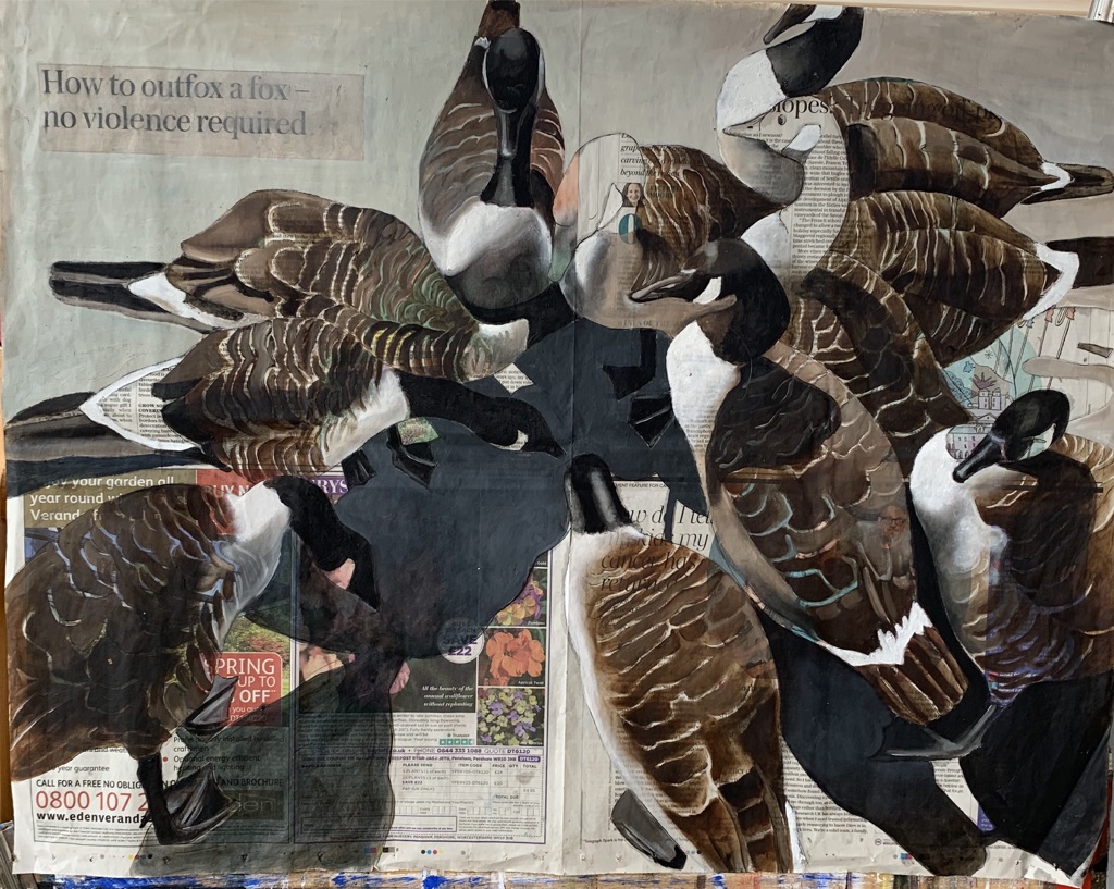 Collage of pigeons and newspaper