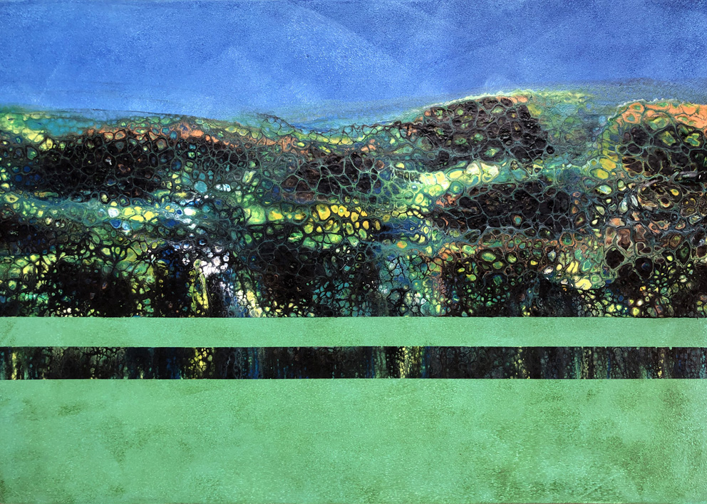2 'Cellular Landscape Lush Green' Mixed Media 60x42cm