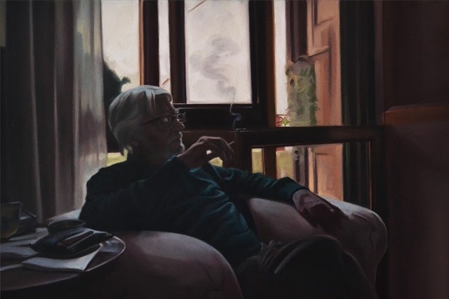 Painting of a man smoking by the window