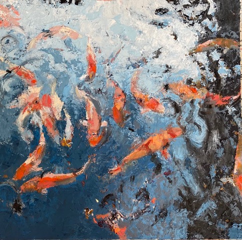 Painting of koi fish in a pond