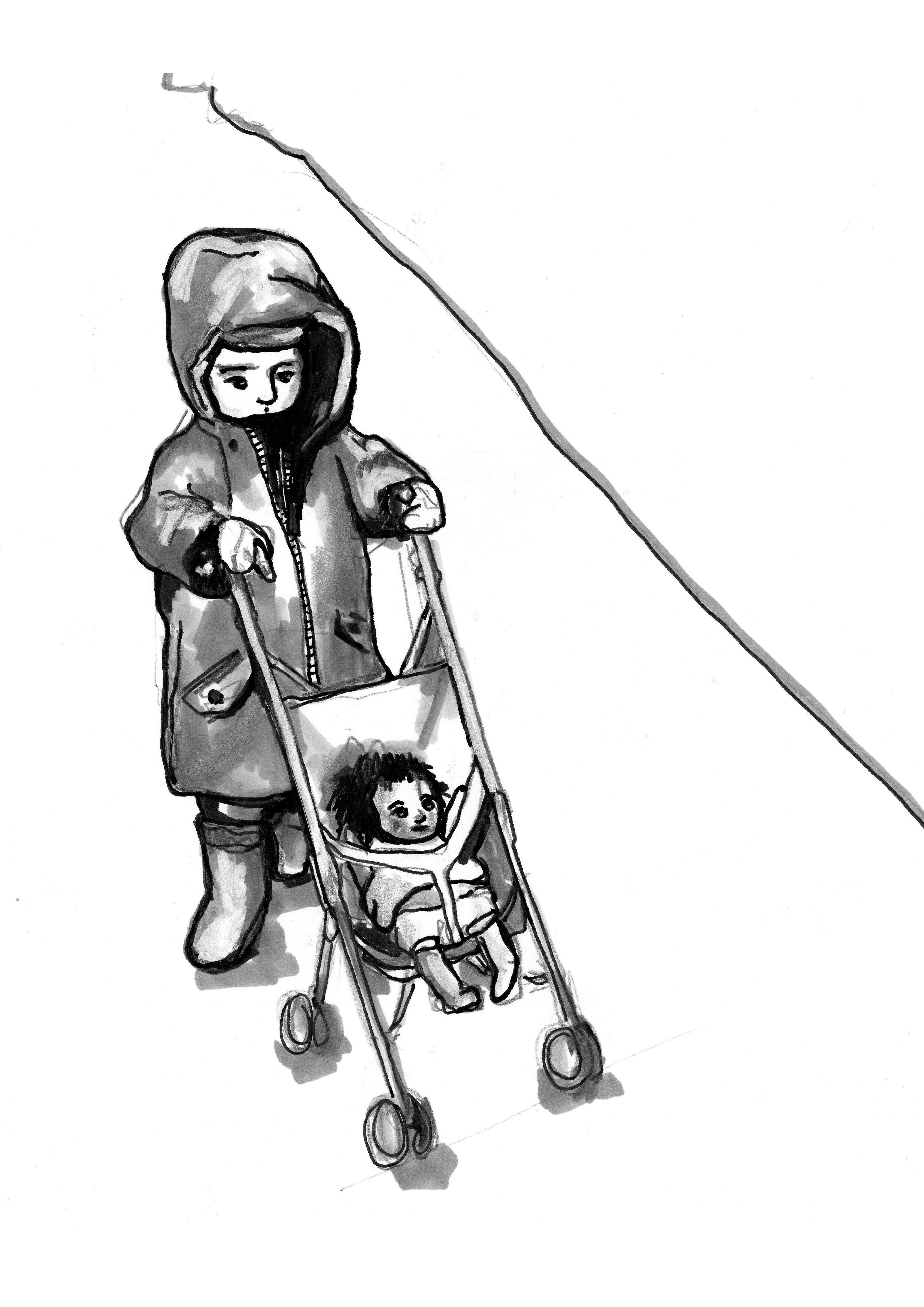 Black and white ink drawing of a child with a buggy