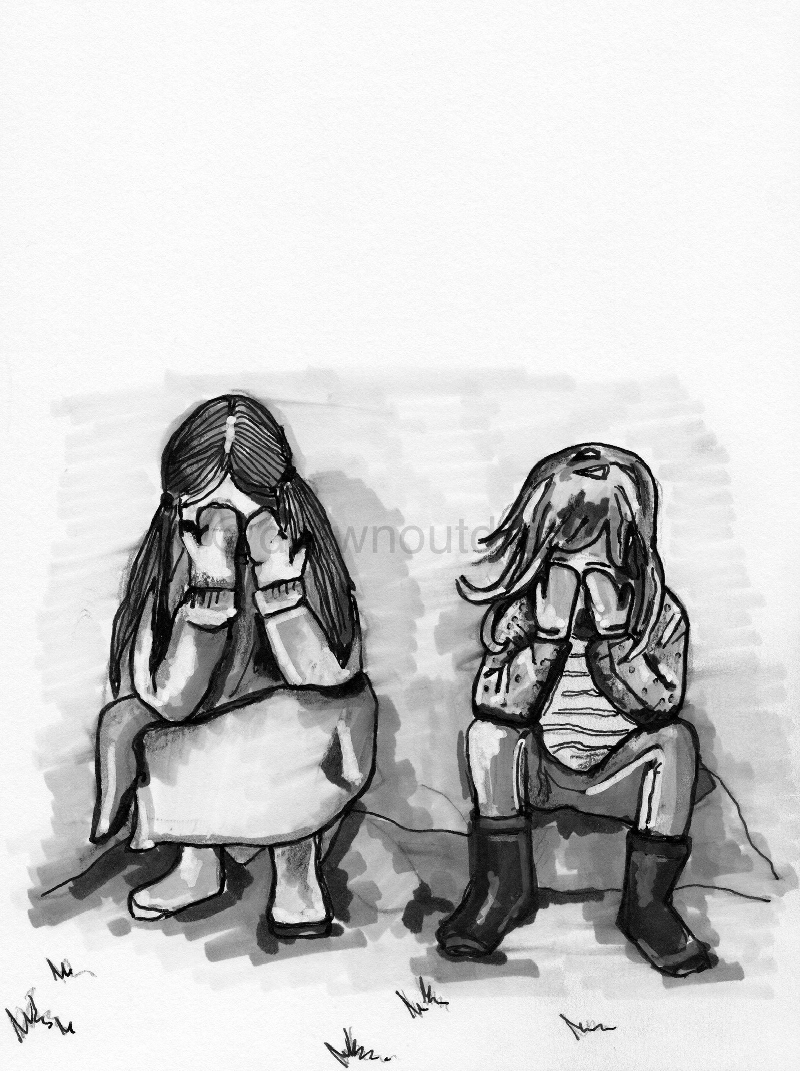 Black and white illustration of two children seated with their heads in their hands