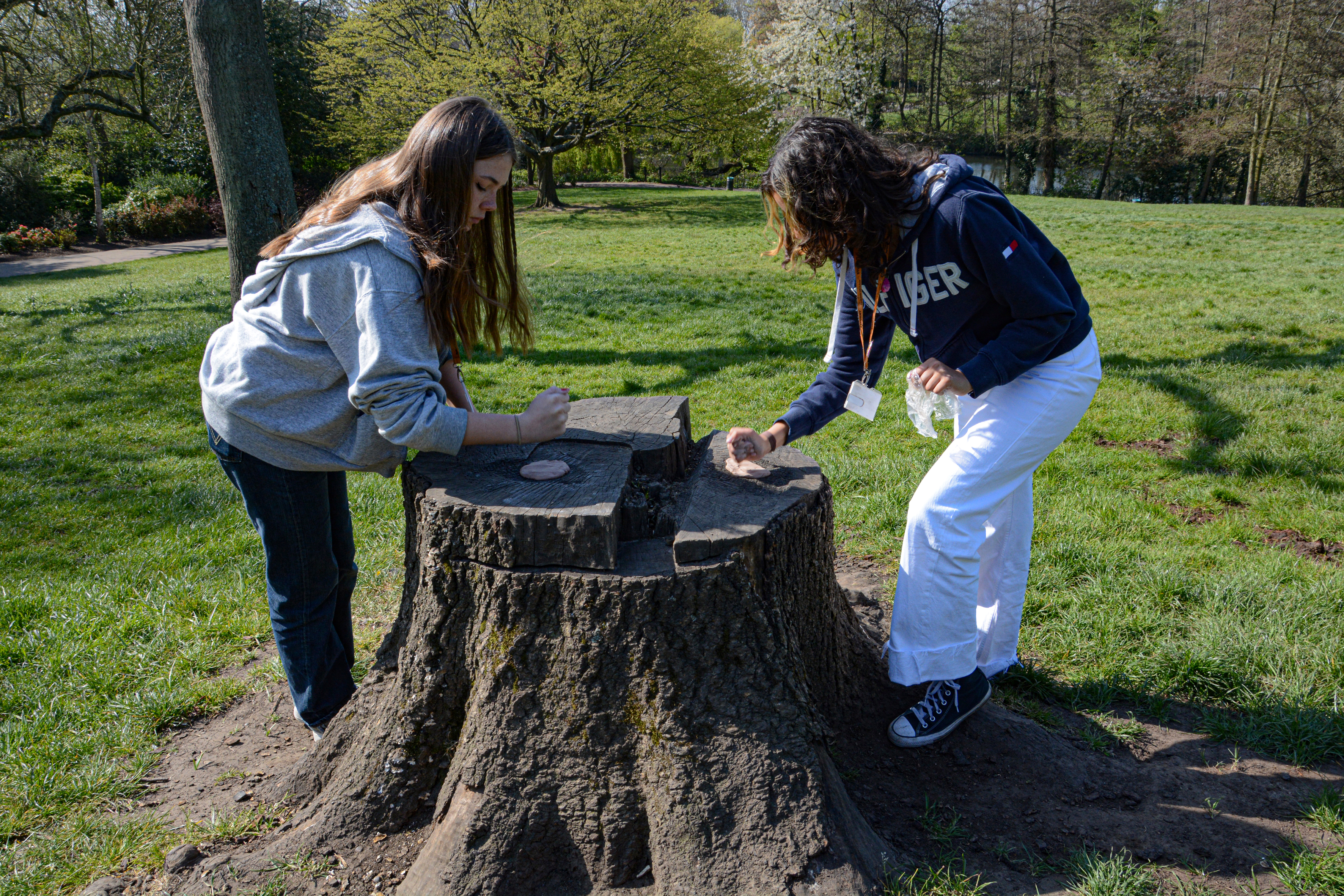 Two students placing their art on a tree stump