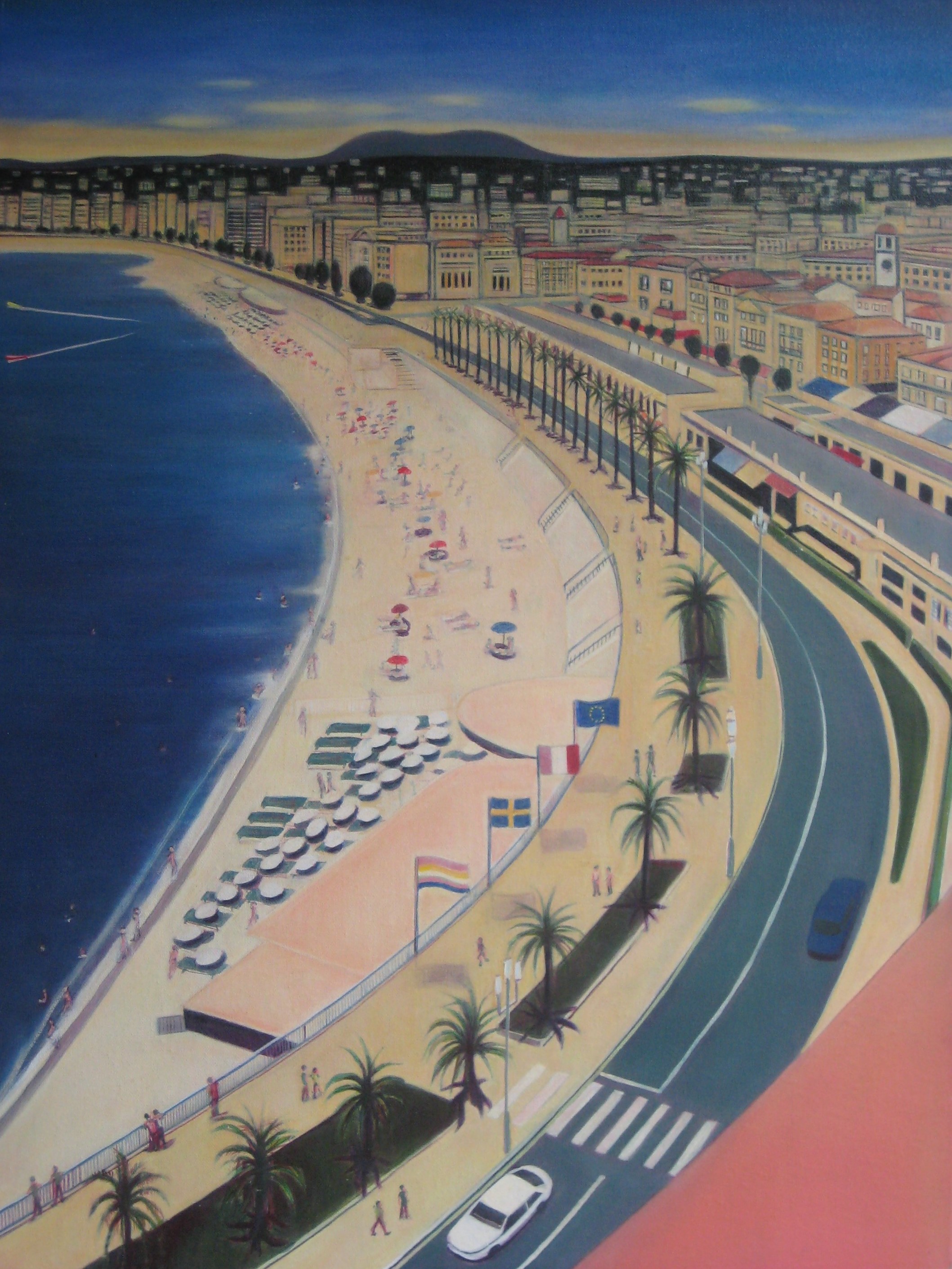 Painting of a beach scene from above
