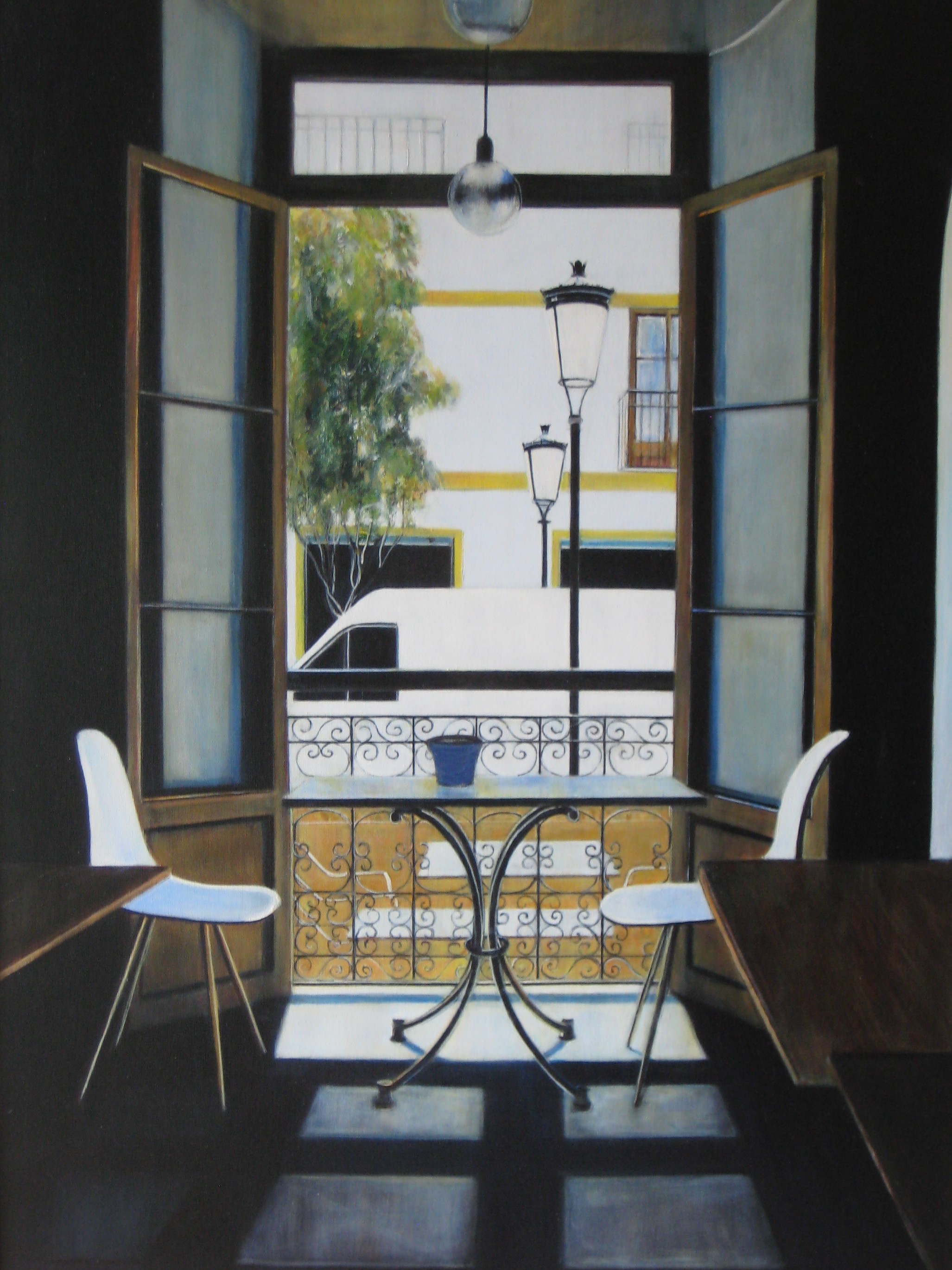 Painting of a balcony with two chairs
