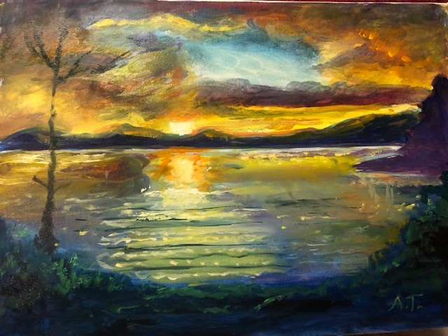 Oil painting of a sunset over water