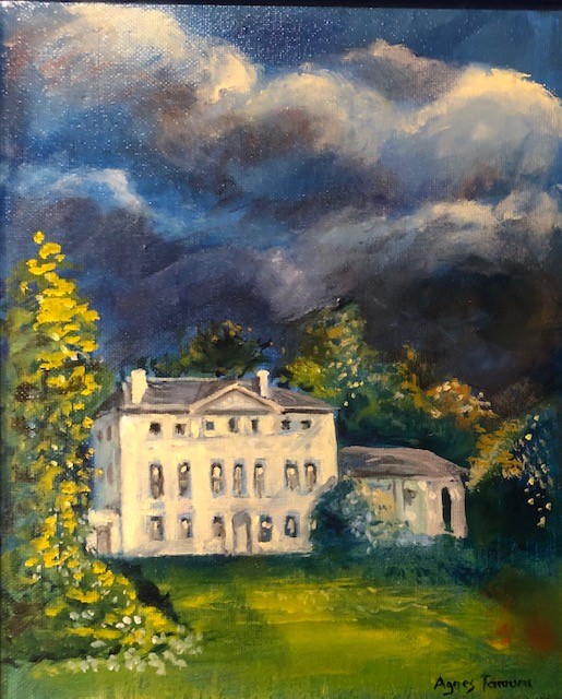 Oil painting of a white historic house