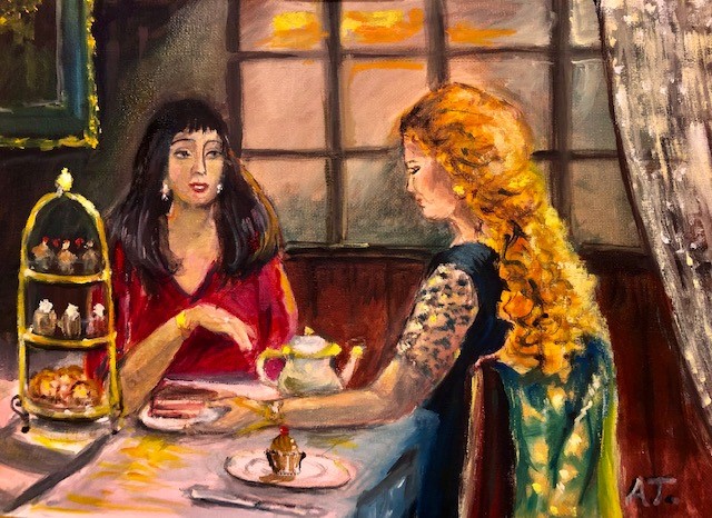 Oil painting of two people dining