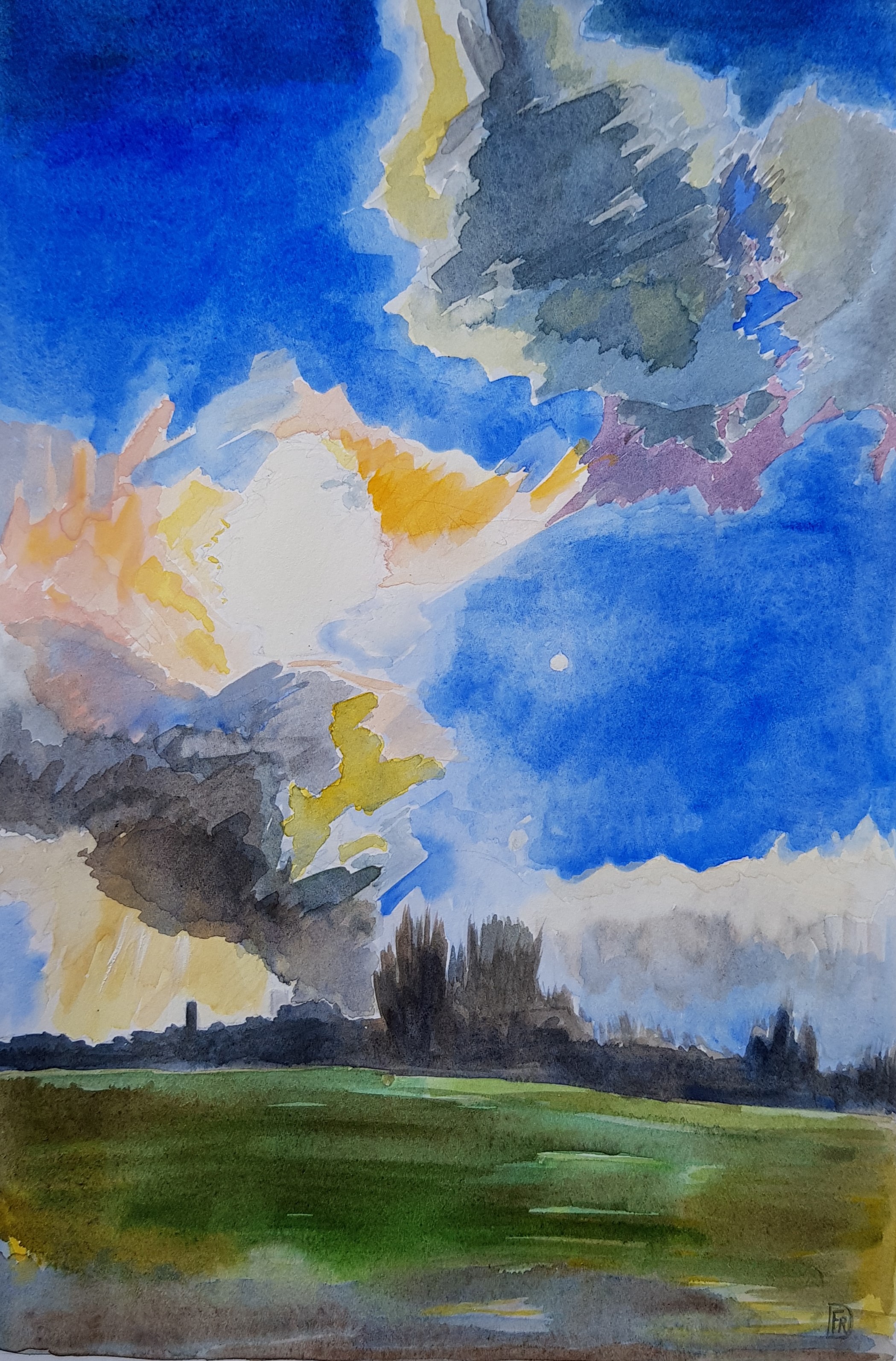 Watercolour of blue sky and field