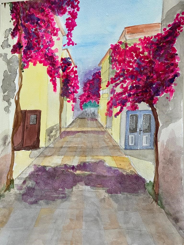 City with pink trees