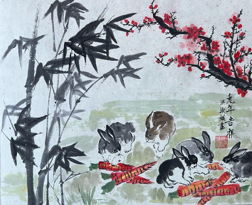 brush painting of bunnies with carrots