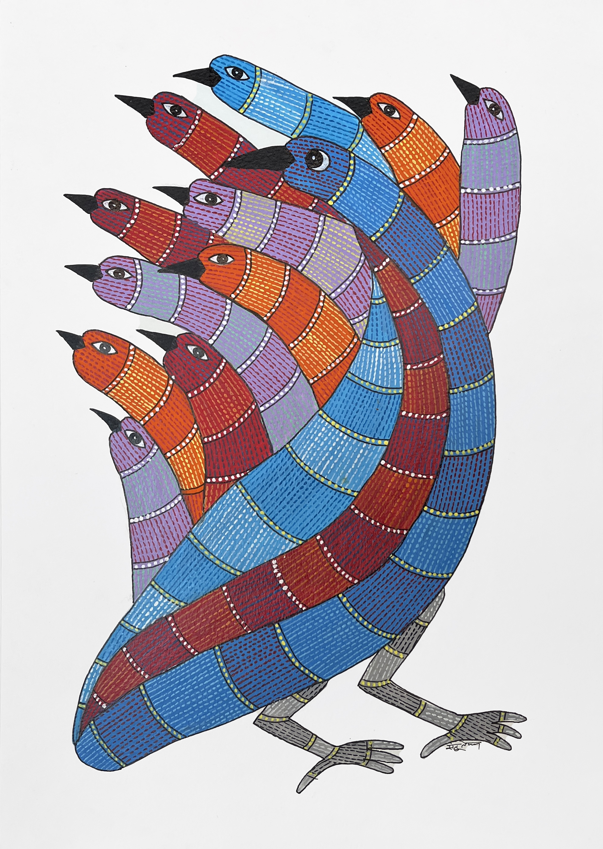Painting of many brightly coloured birds standing together looking to the left