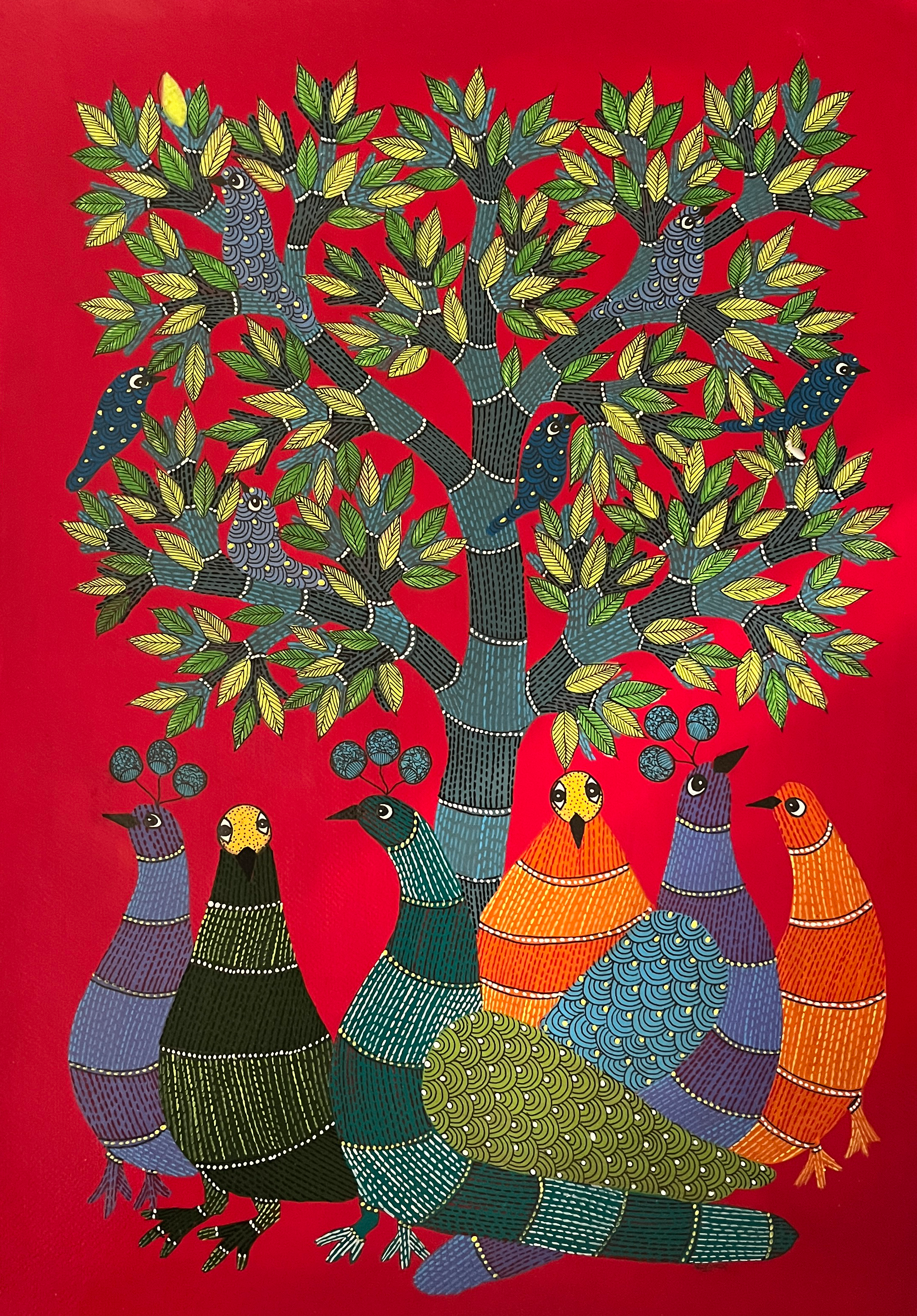 Painting of tree with brightly coloured birds on red background