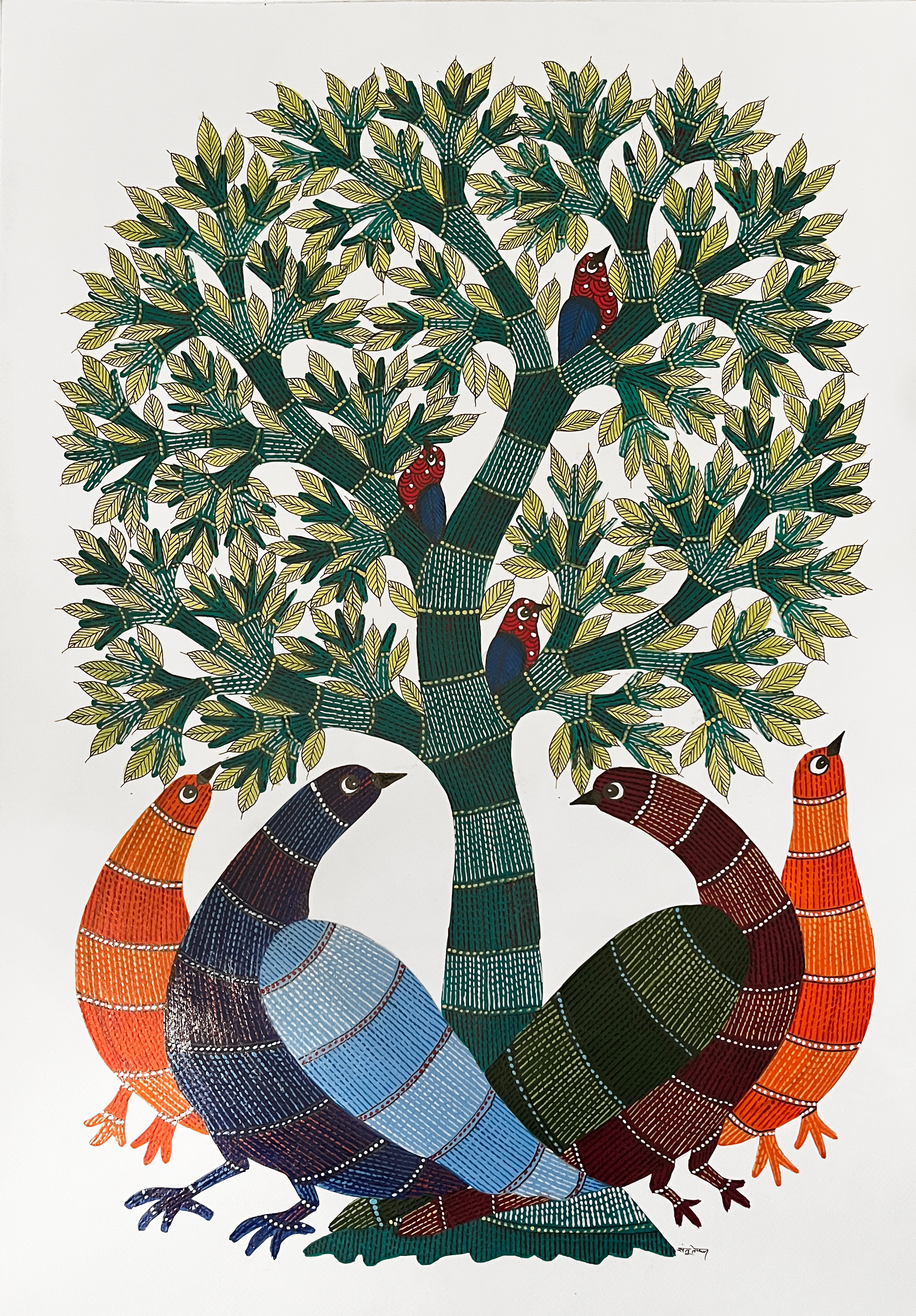 Painting of brightly coloured birds turning in towards a tree on white background