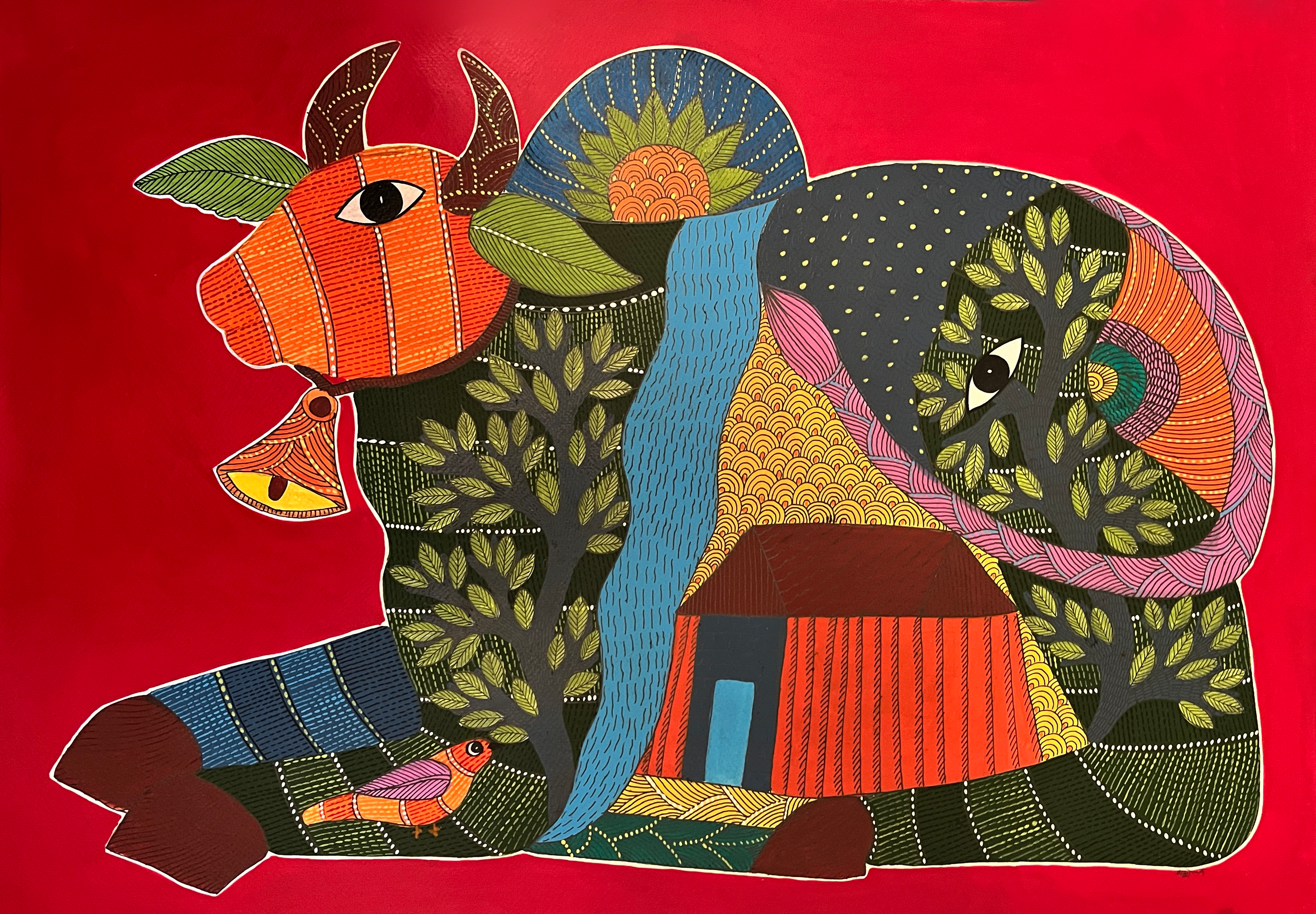 painting of a multicoloured cow facing the left on a red background