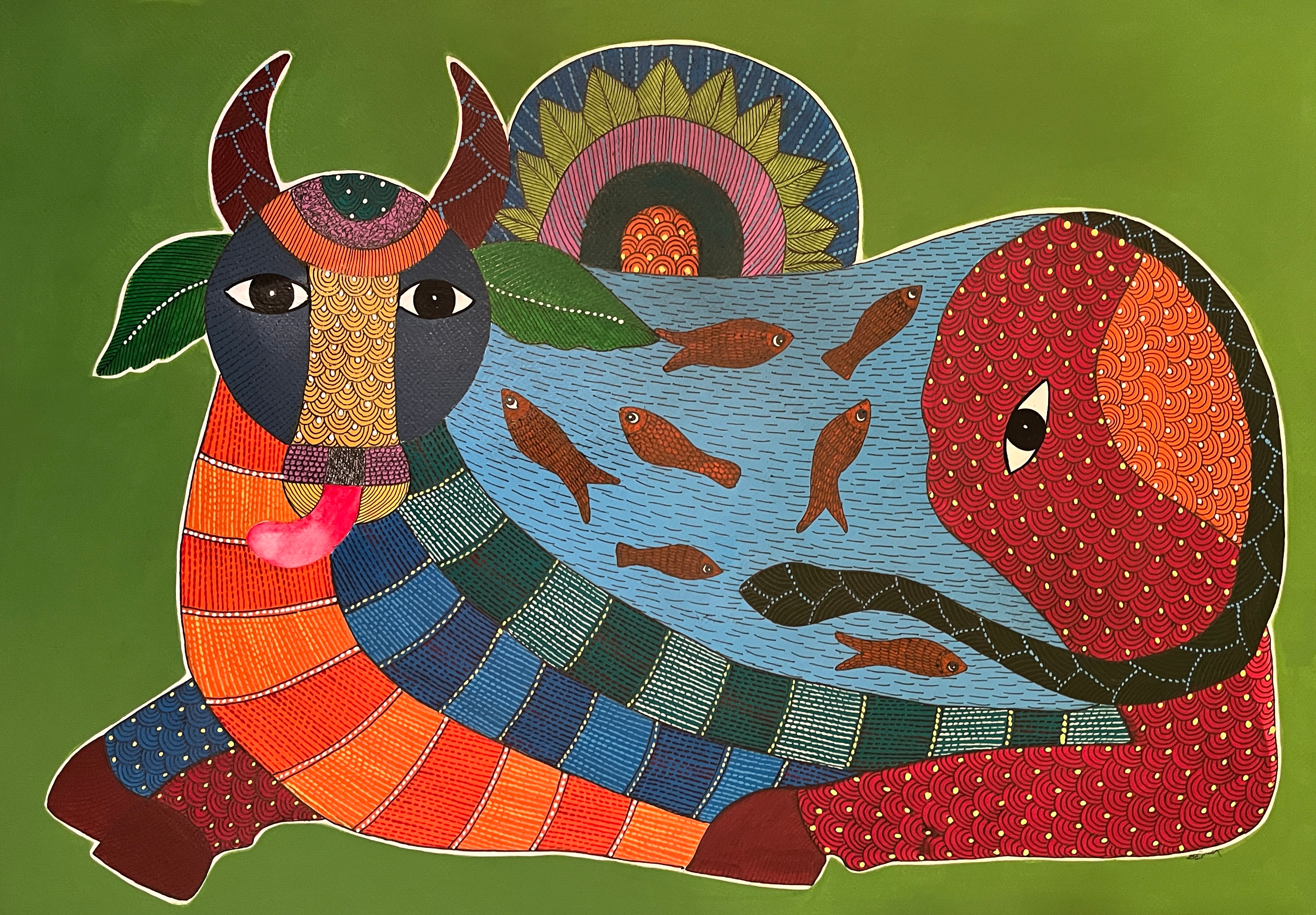 painting of a multicoloured cow facing the viewer on a green background