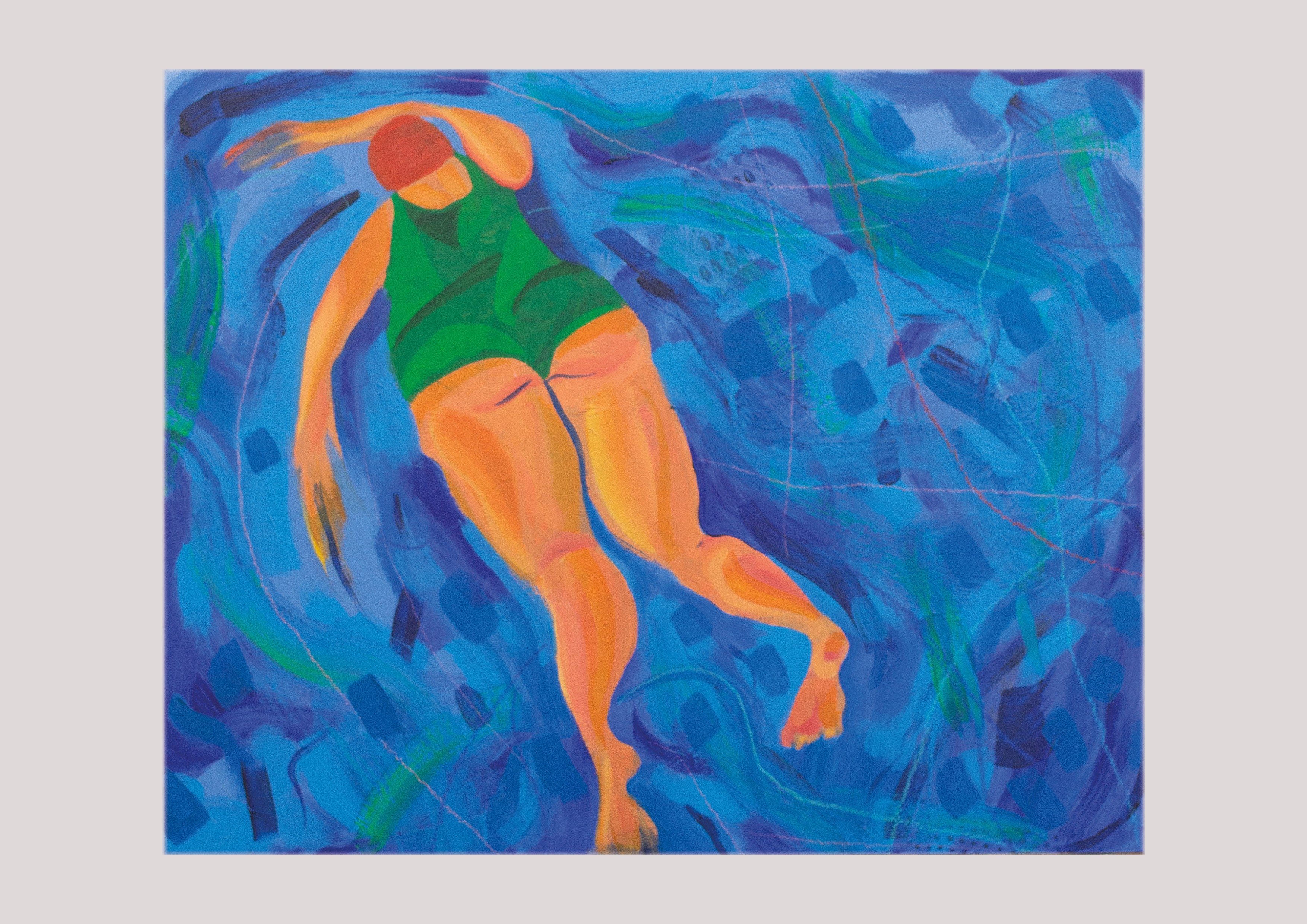 this painting shows a woman's back and legs as she swims in the pool by Lily Rose Grant