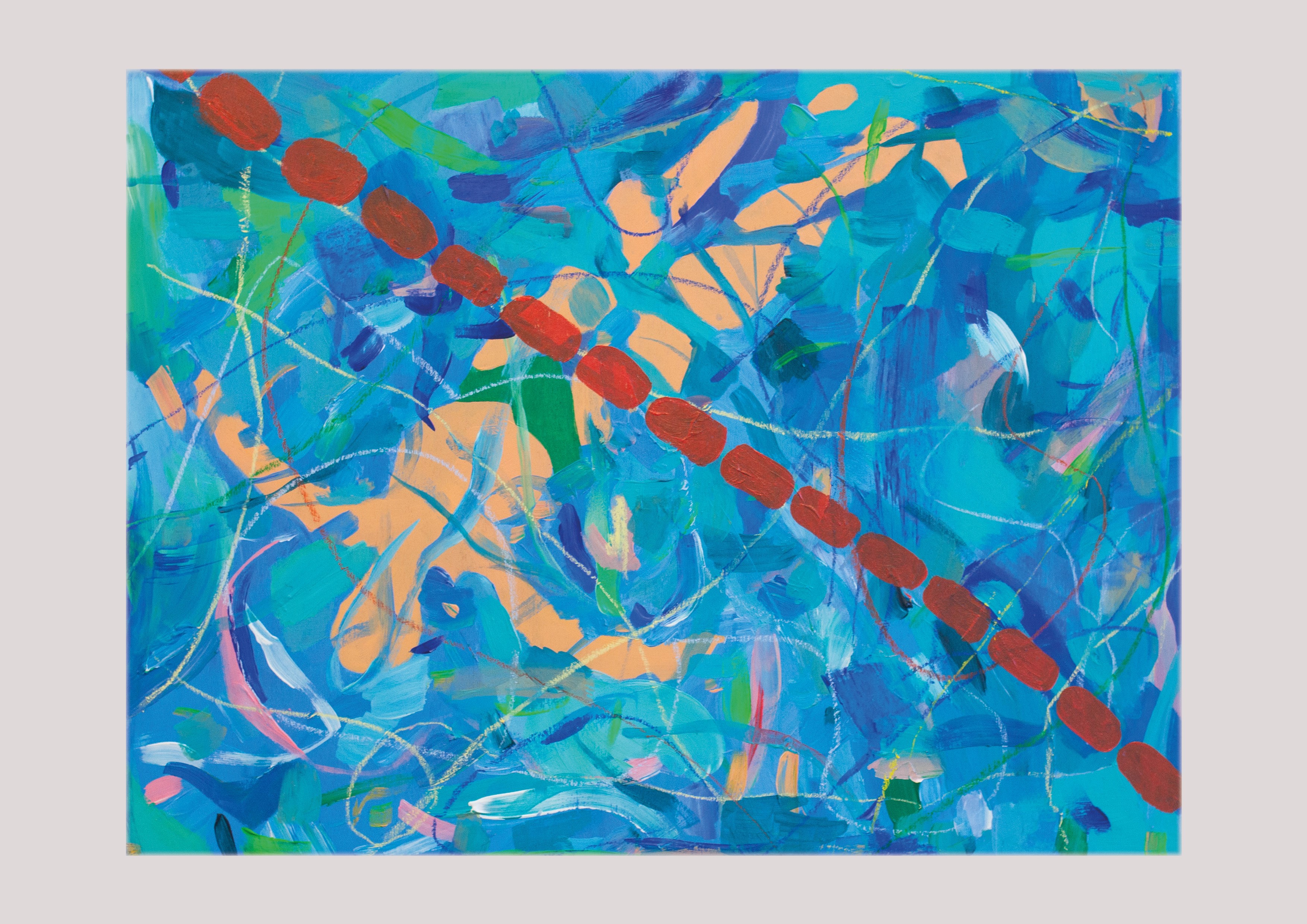 this painting shows a person swimming face up under a pool barrier by Lily Rose Grant 