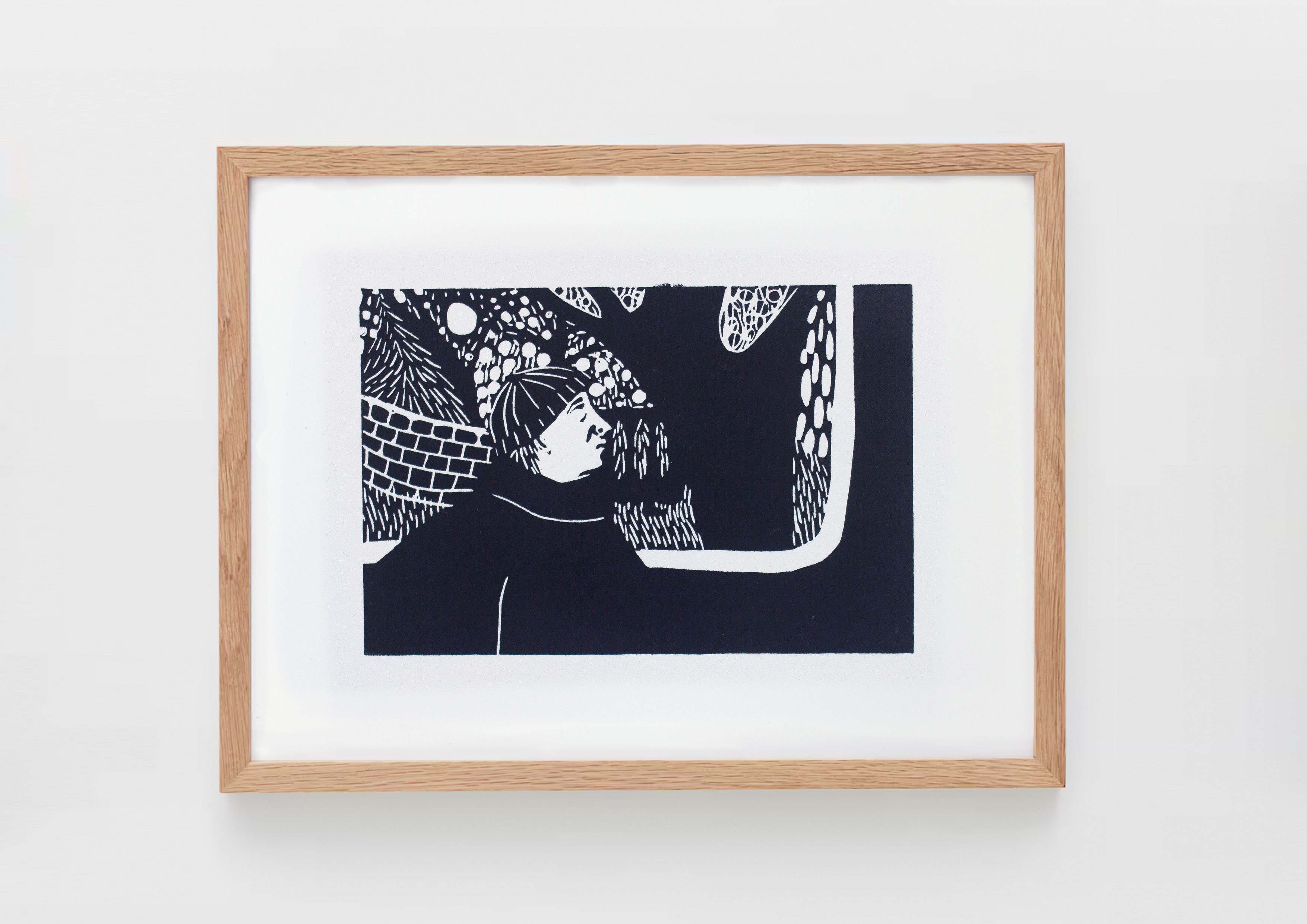 this black and white print shows a person in a winter hat walking in a snowy park by Lily Rose Grant