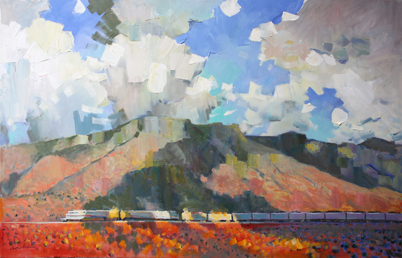 Painting of a train passing by a mountain with a blue sky background dappled with clouds