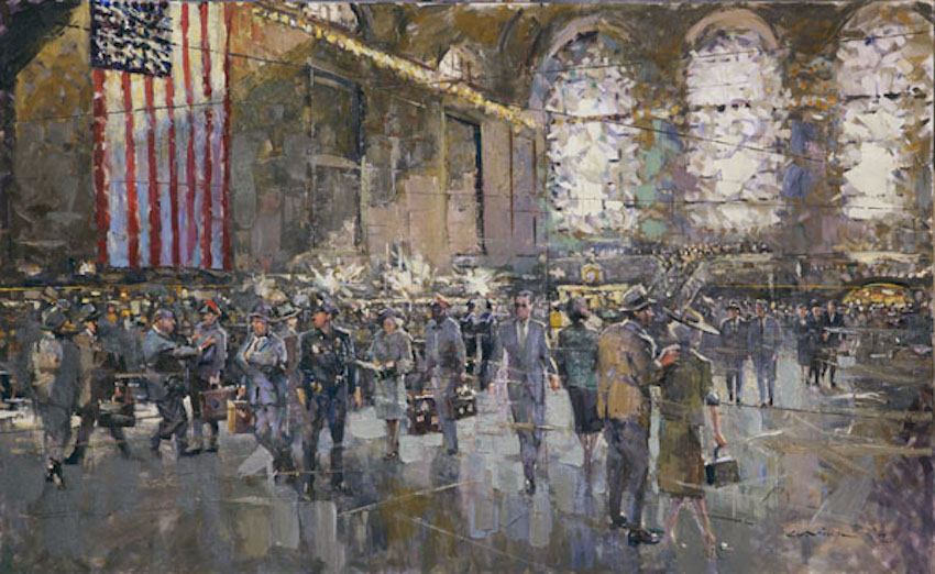 A painting of a busy American train station full of people moving.
