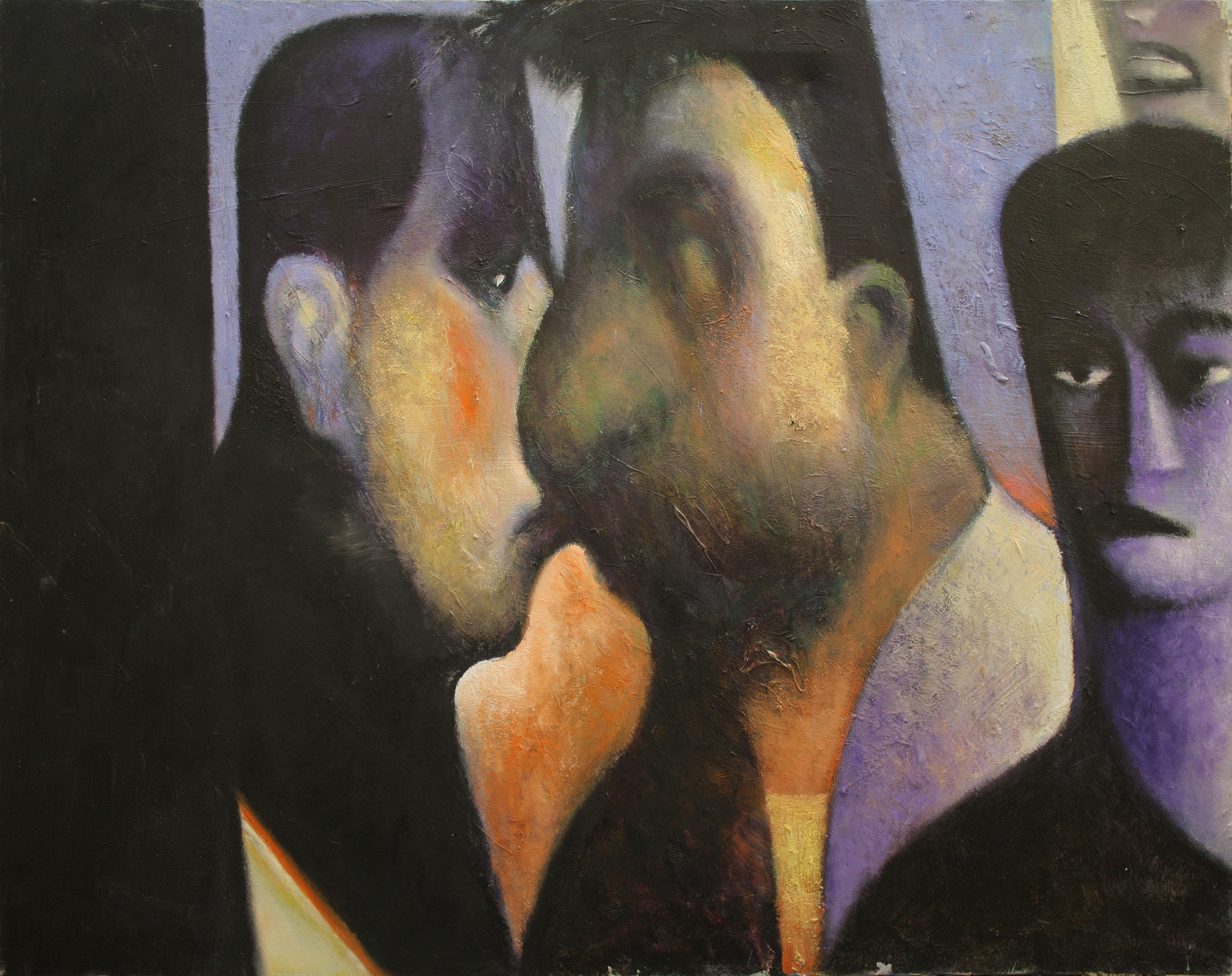 An abstract blue black and orange painting of people
