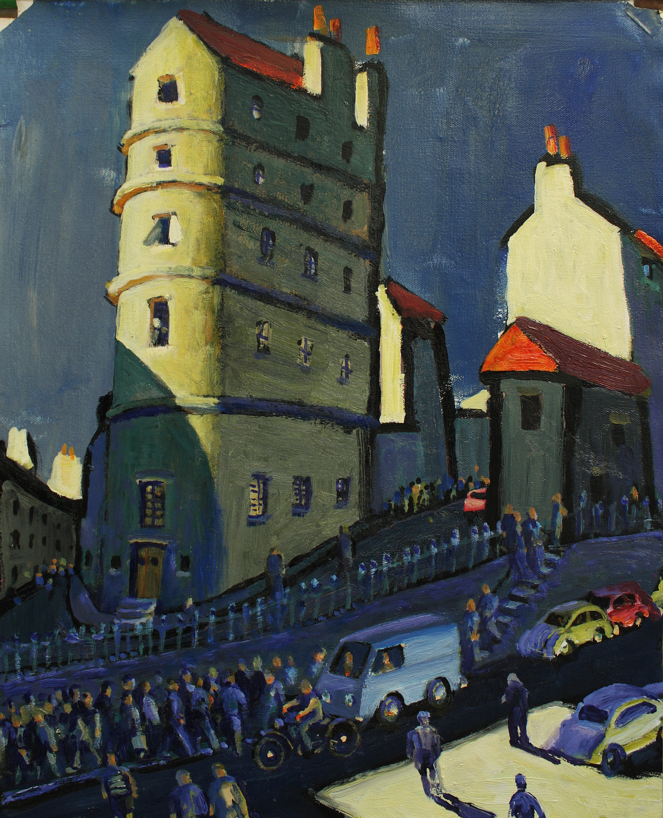 A painting of an imagined France with people all about.