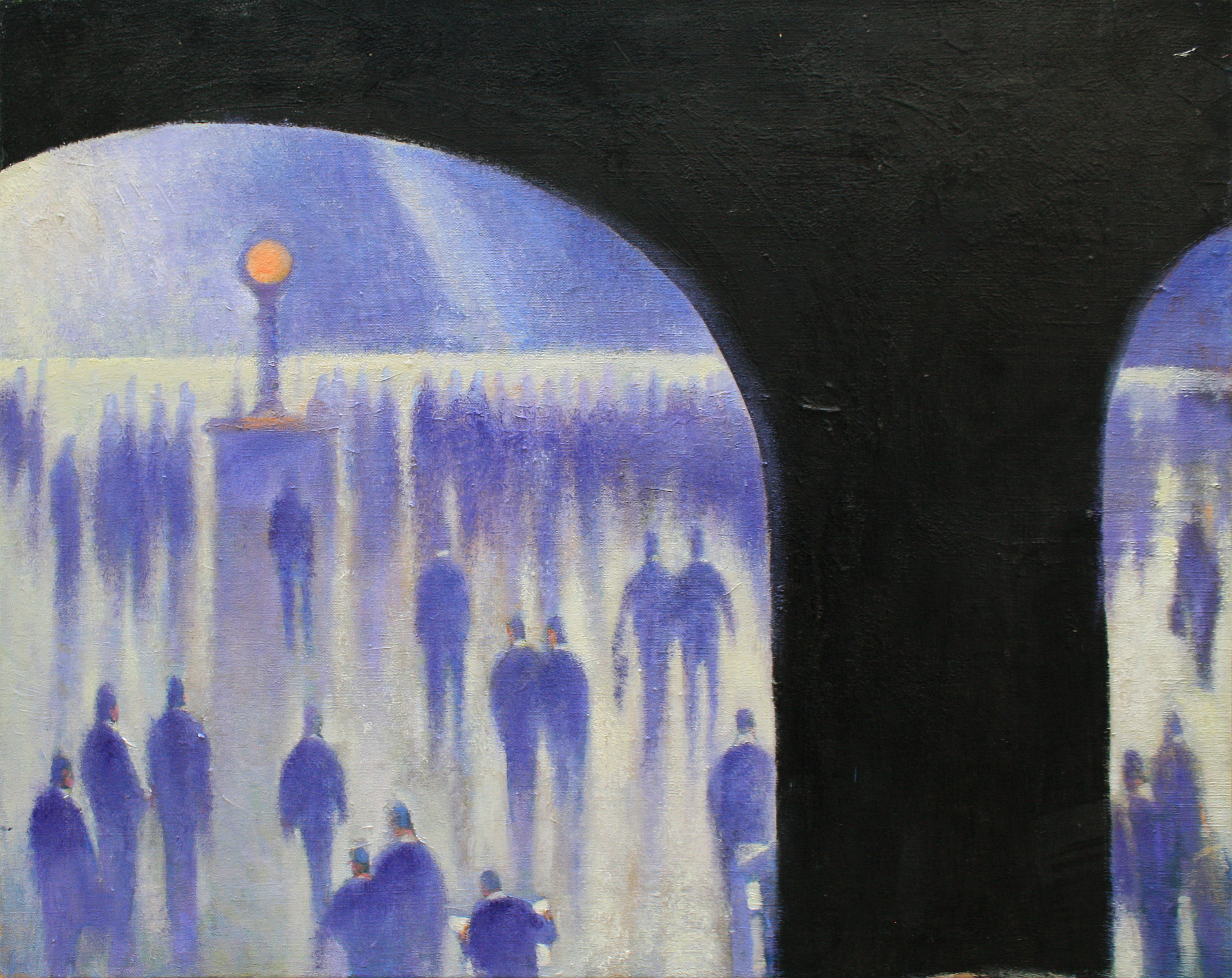 A painting of blue figures outside of grand central station painted from inside the station.