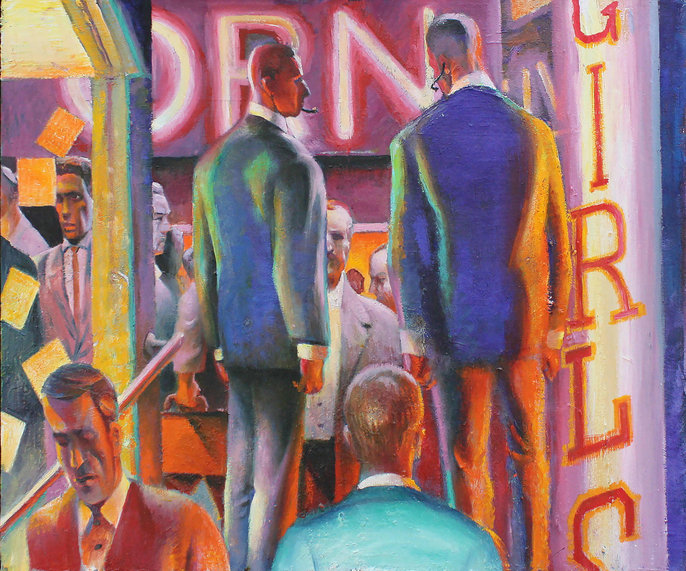 brightly painted men in suits going into a brightly painted club 