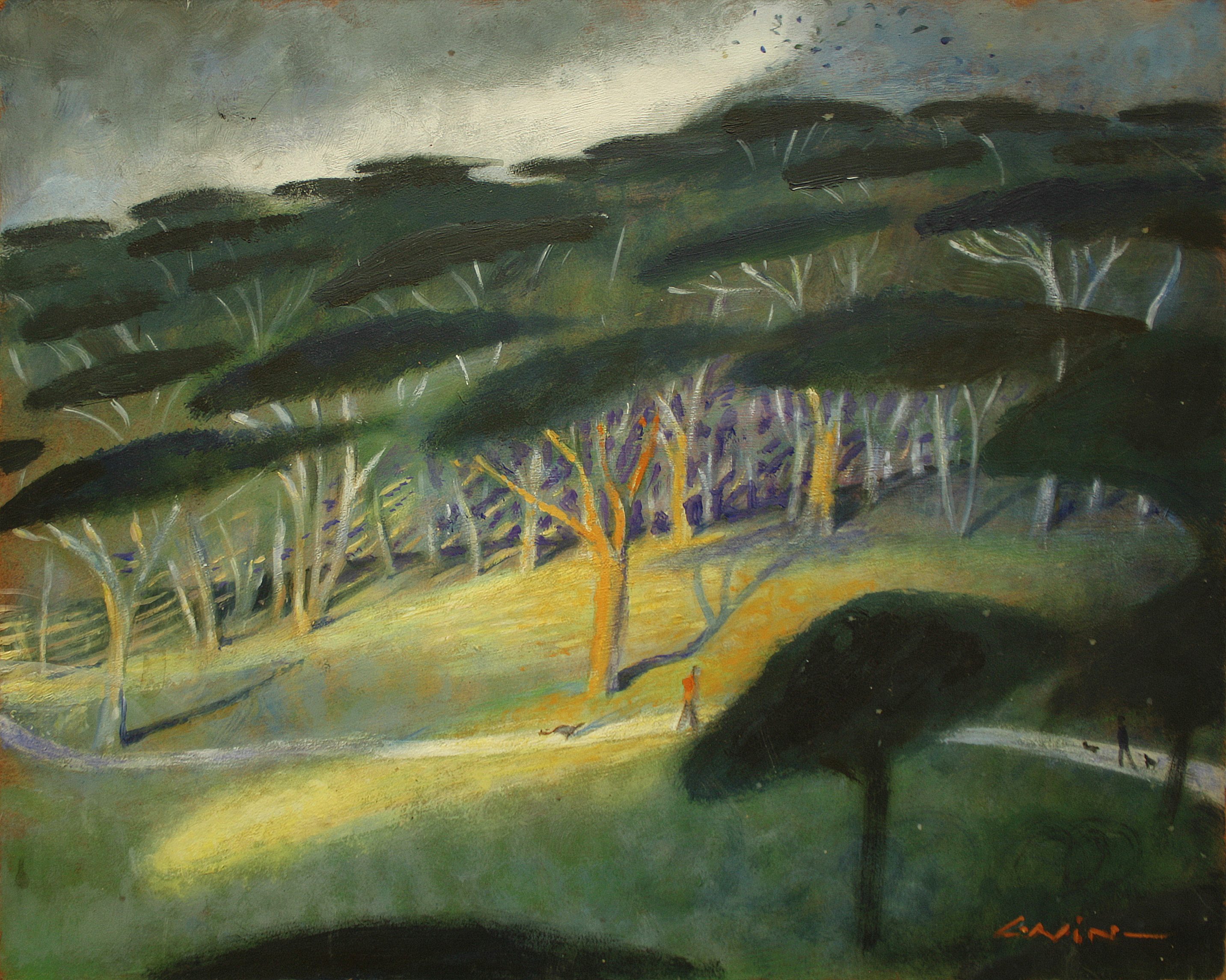 A painting of trees in Kenwood on a grey day