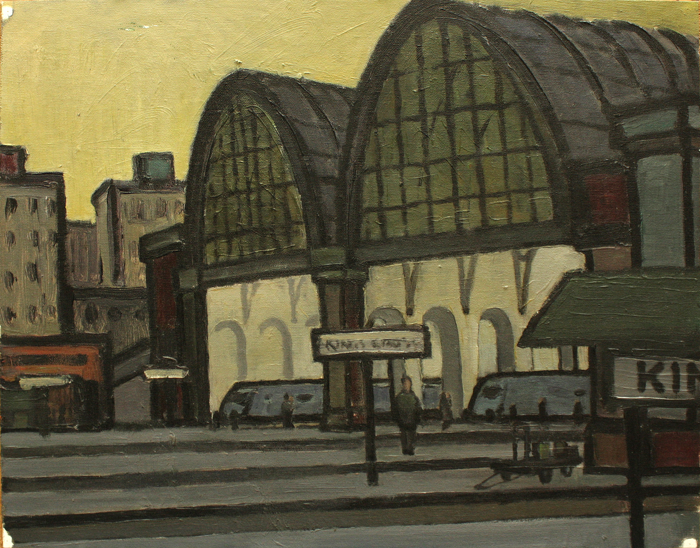 A painting of King's Cross station where the trains come in.