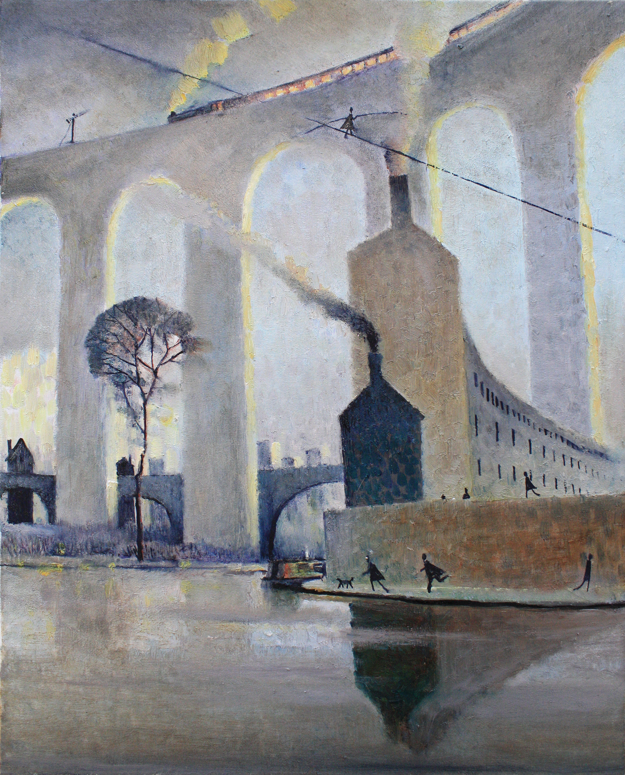 A grey toned painting of a fantasy train station with a big rail crossing overhead.