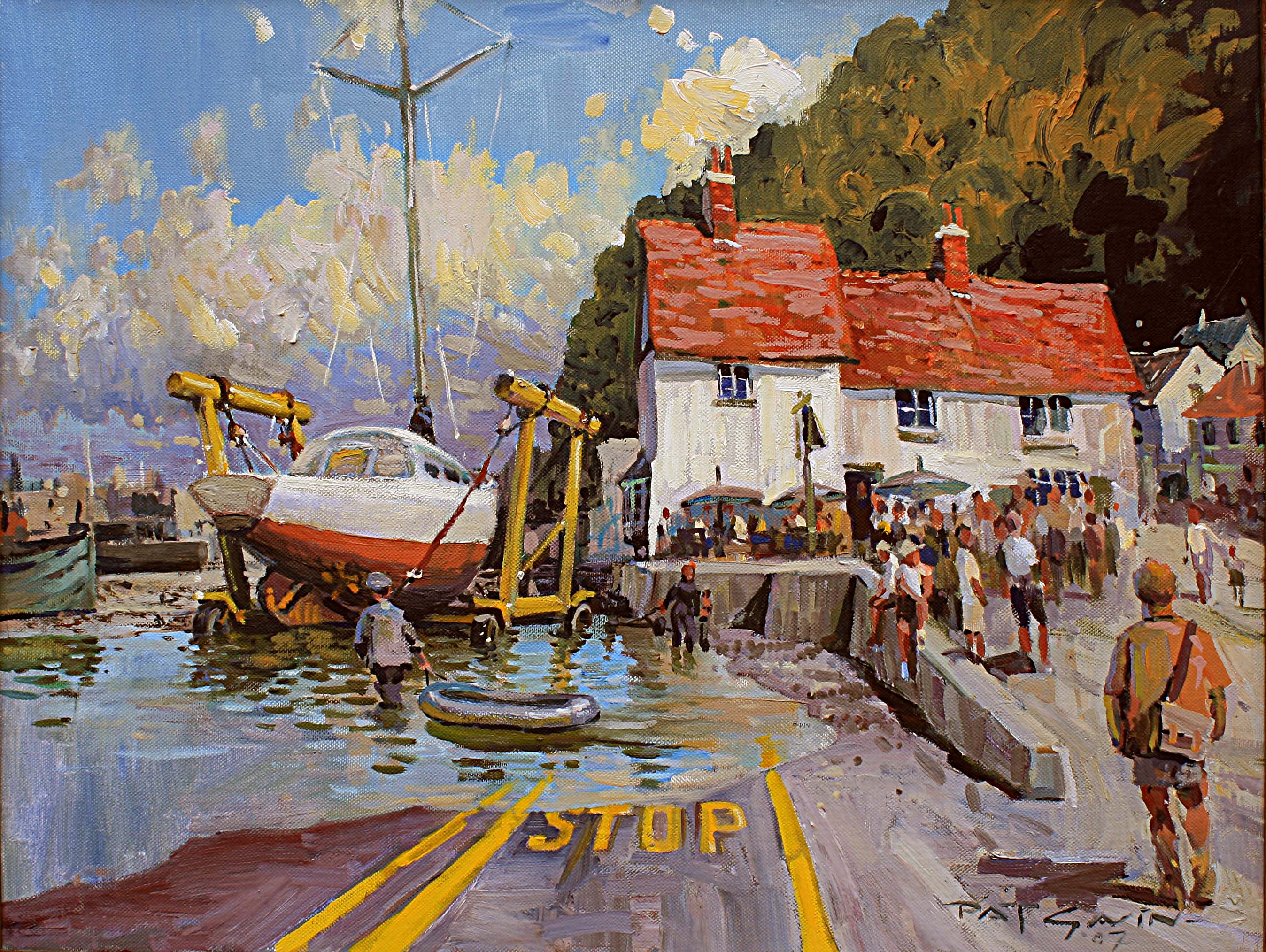 Painting of a busy boat yard with a boat hoisted up ready to go into the water.