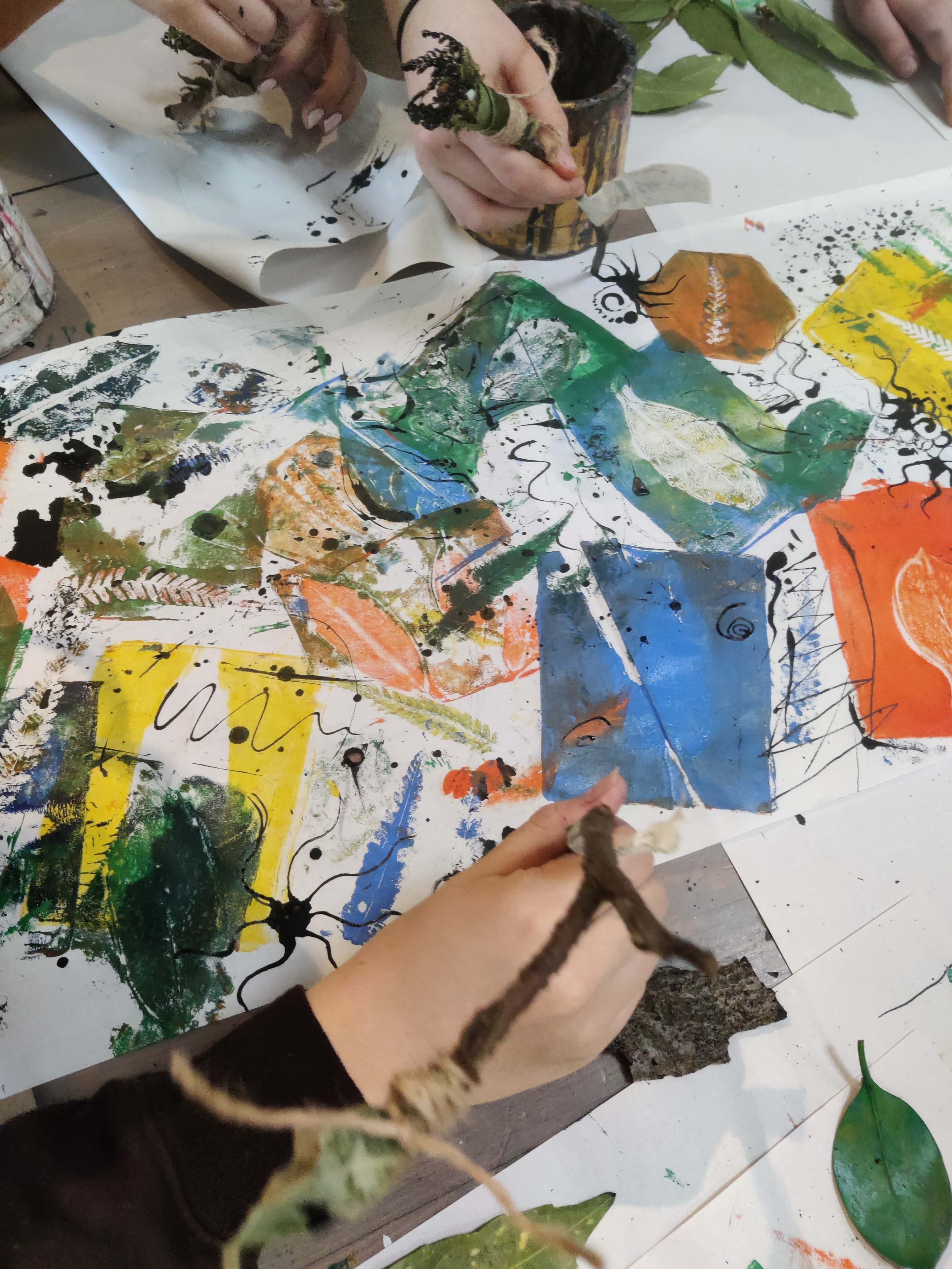 printing using brushes made of sticks and leaves from Waterlow Park
