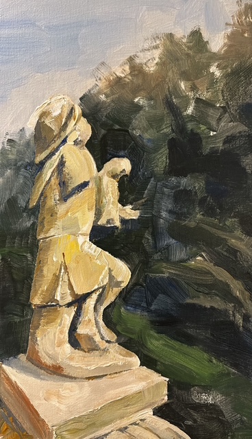 Painting of a statue overlooking trees by Martin Evans