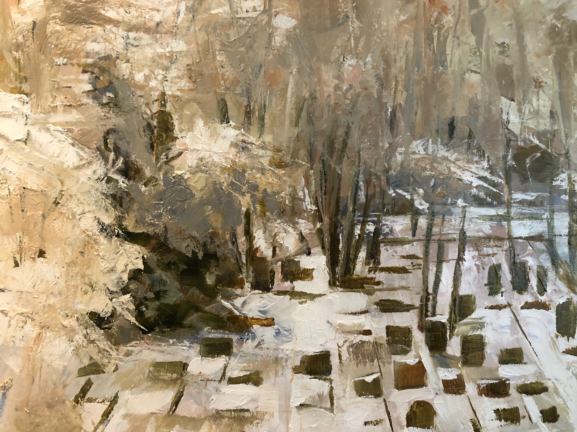 a painting of a snowy cemetery by Martin Evans