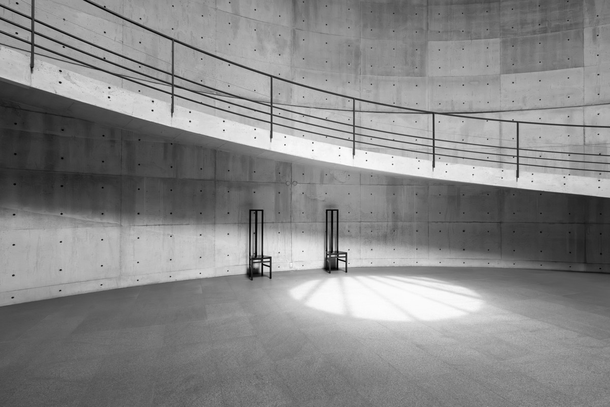 greyscale photo of circular ramp
