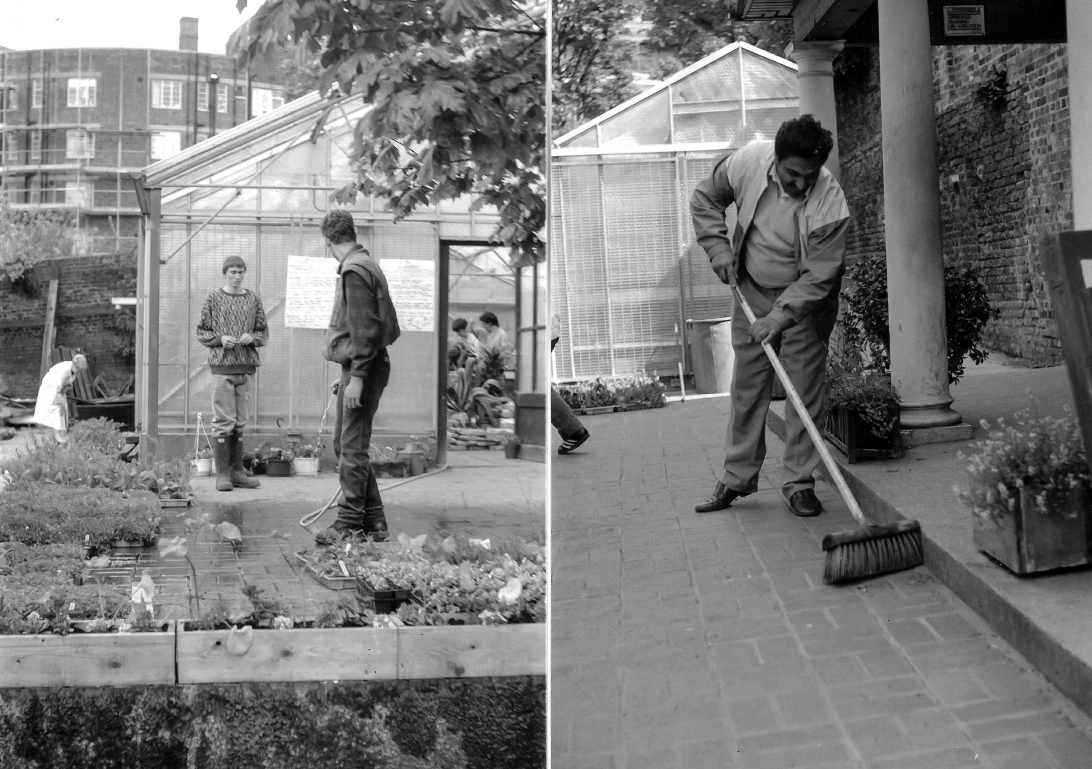 dual black and white photos of harington members landscaping