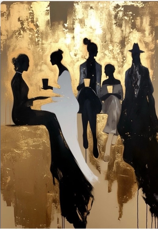 Silhouettes of figures at a party on a gold background