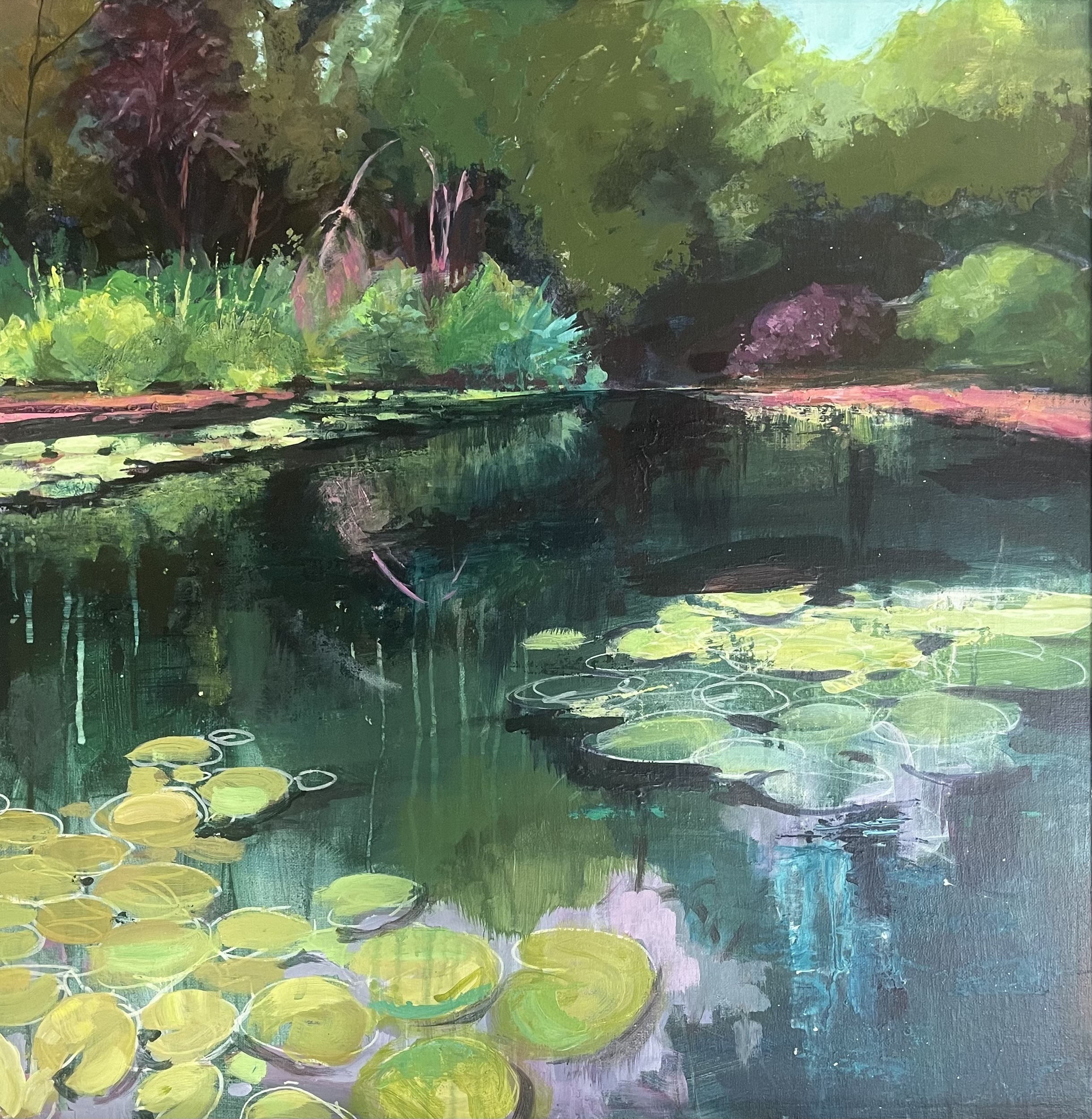 A painting of a pond in the woods