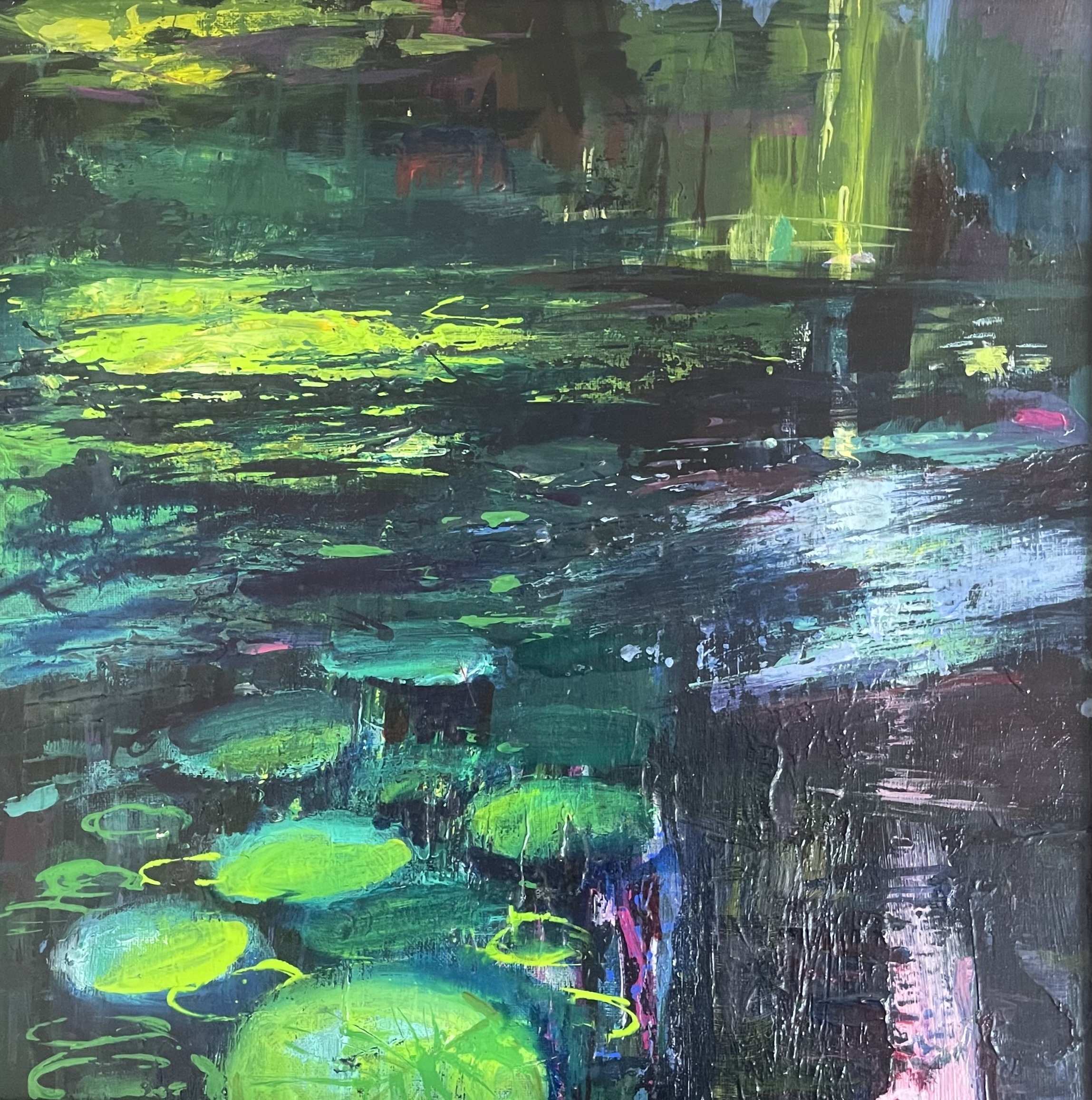A close up painting of lillypads in a pond
