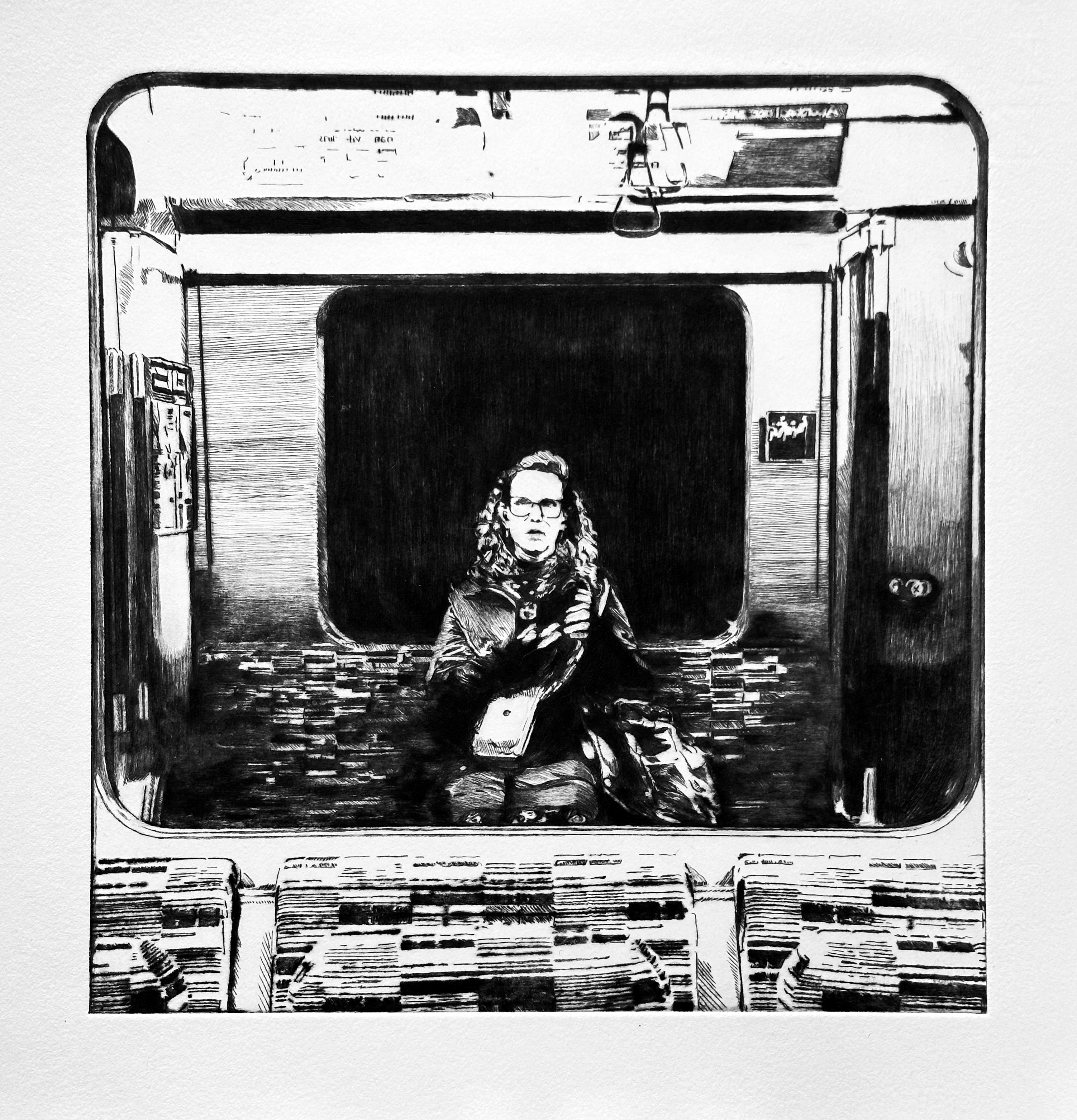 A black and white image of a woman on a train