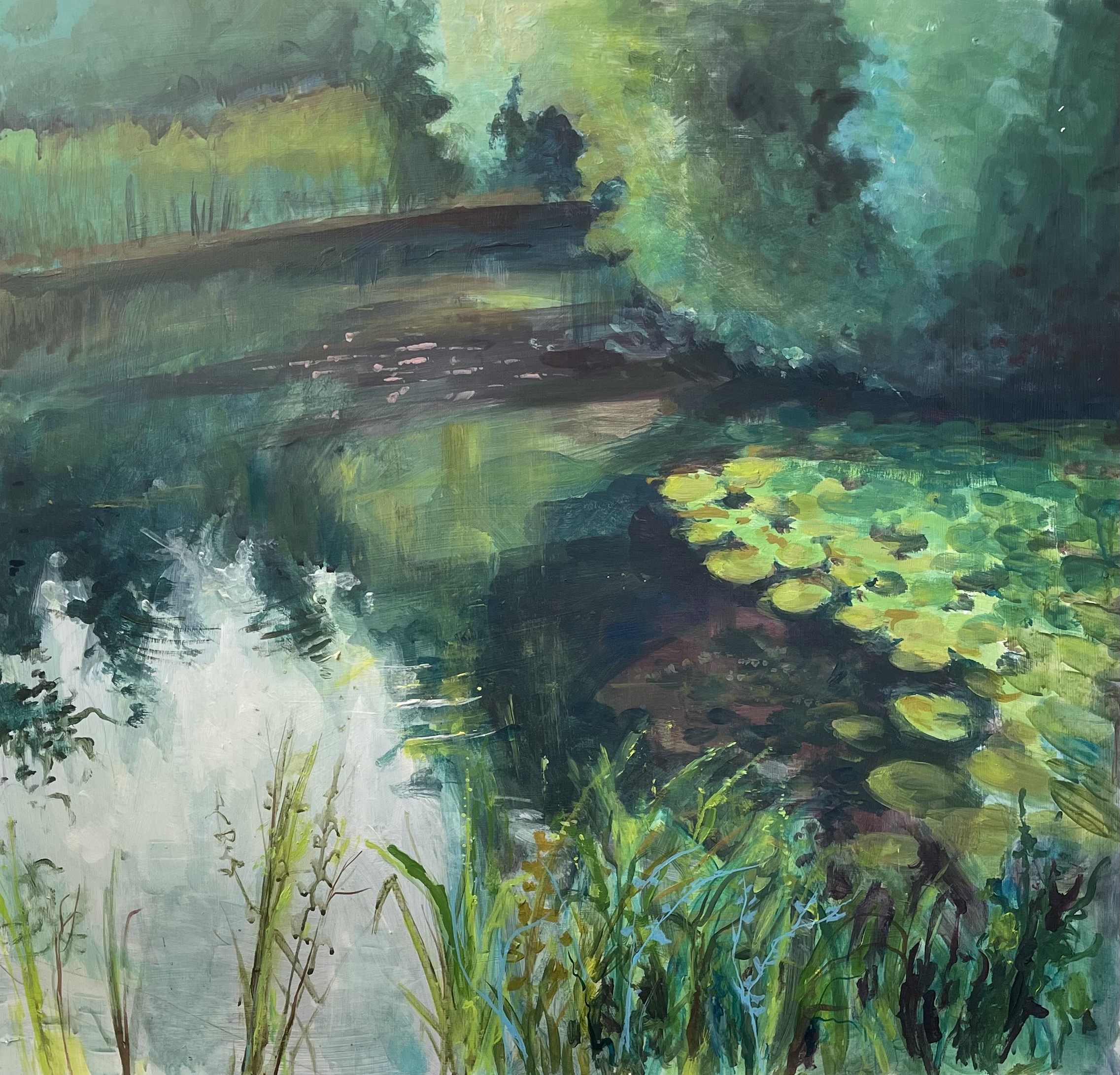 Paining of a pond with reeds and waterlillys