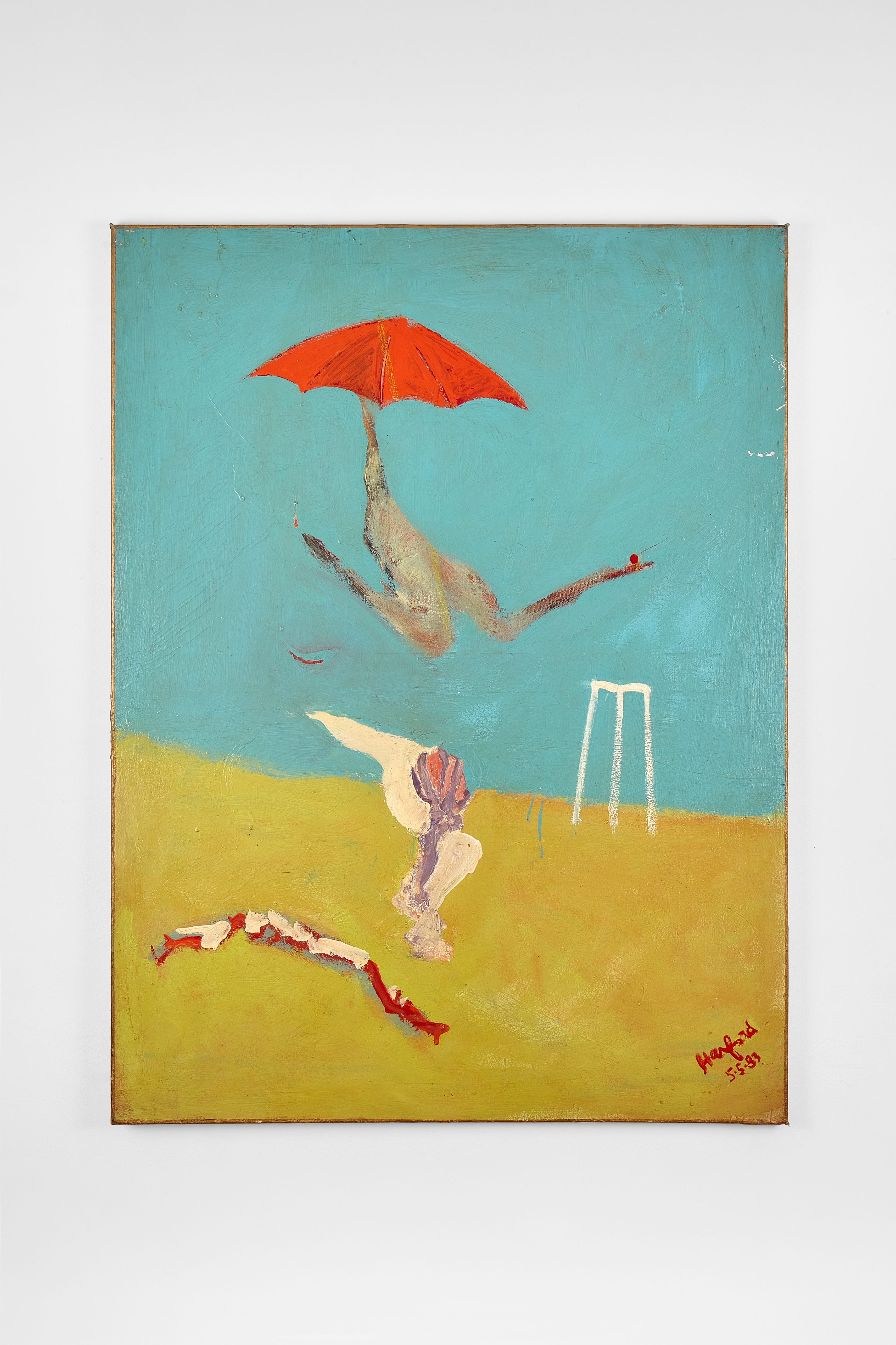Abstract figurative painting of a floating, fragmented body holding a red umbrella against a turquoise sky and yellow ground.