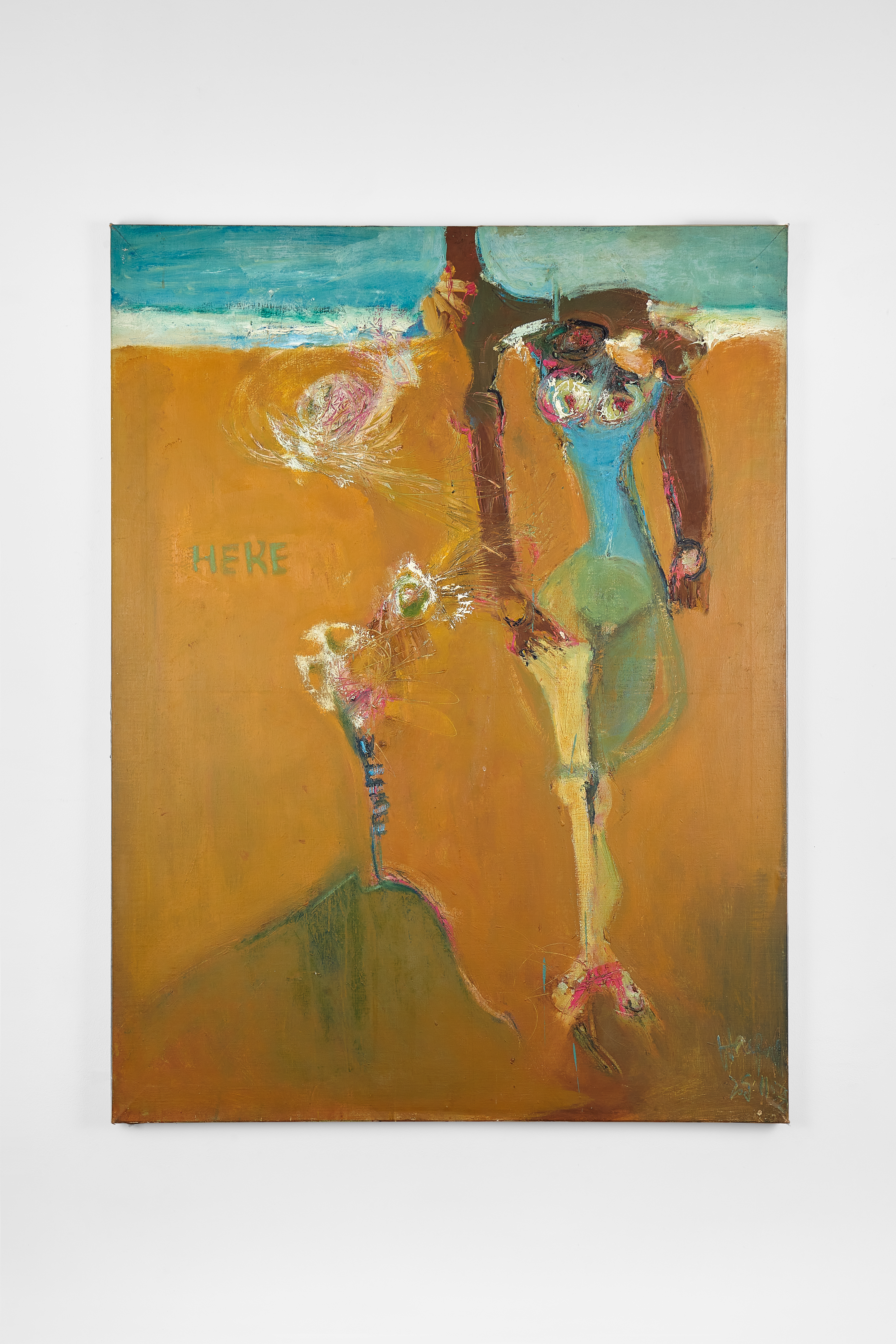 Expressive painting of elongated, distorted human figures in earthy browns and blues, with a sense of movement across a flat landscape.