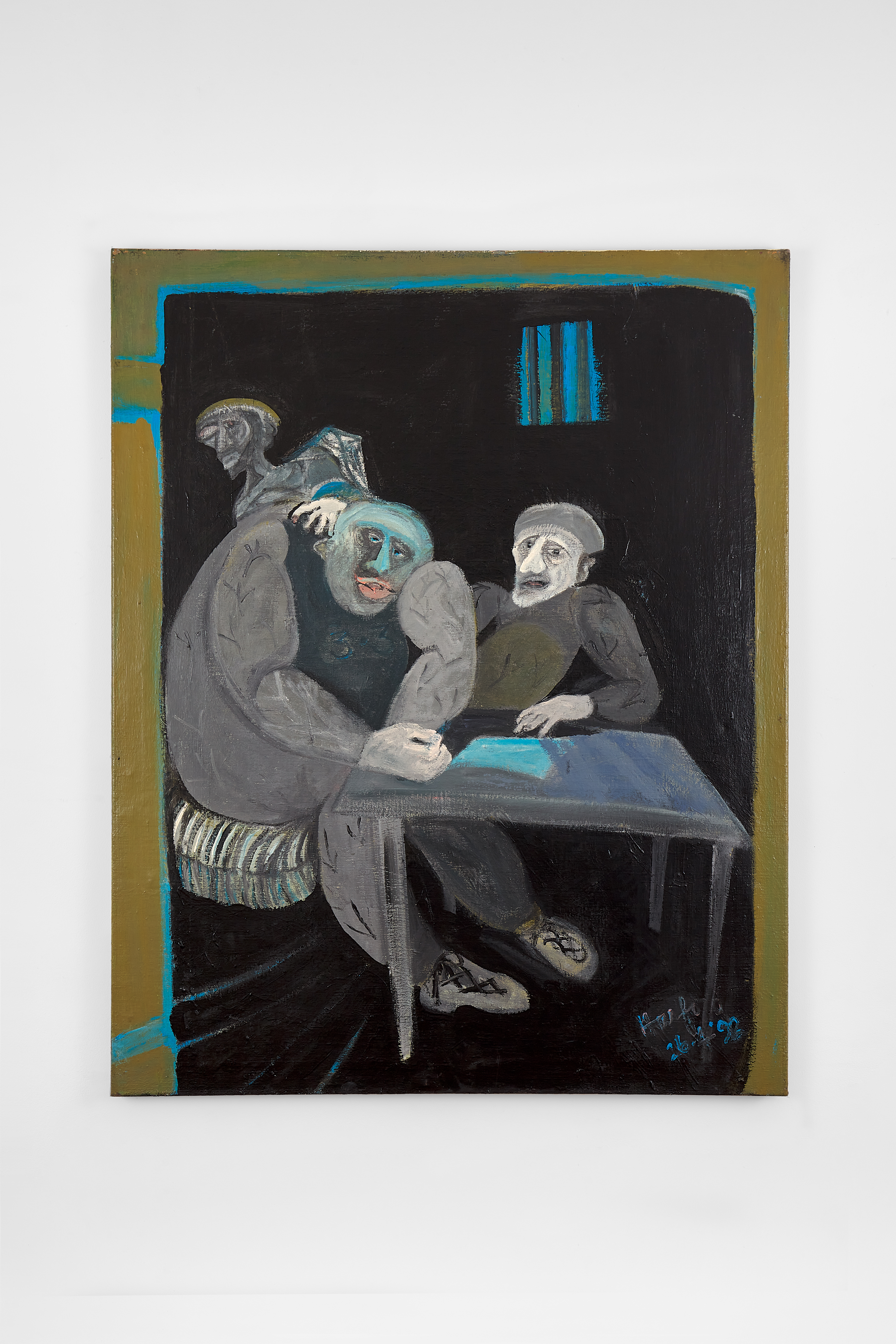 Dark-toned interior scene showing three seated figures around a table, painted in muted greys and blues with a somber mood.