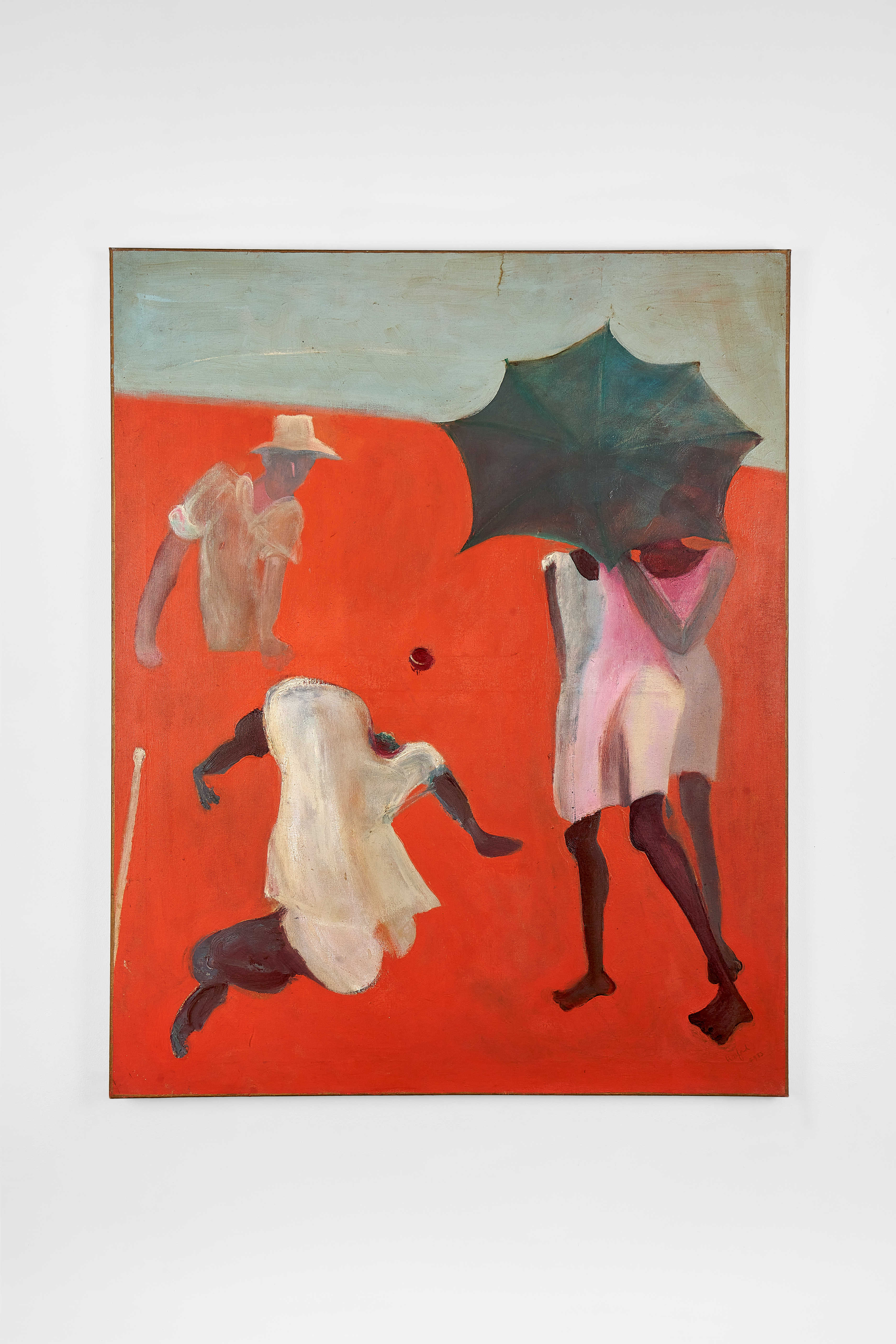 Figurative scene on a red ground showing several fragmented human forms, including one holding a dark umbrella, rendered in loose brushstrokes.