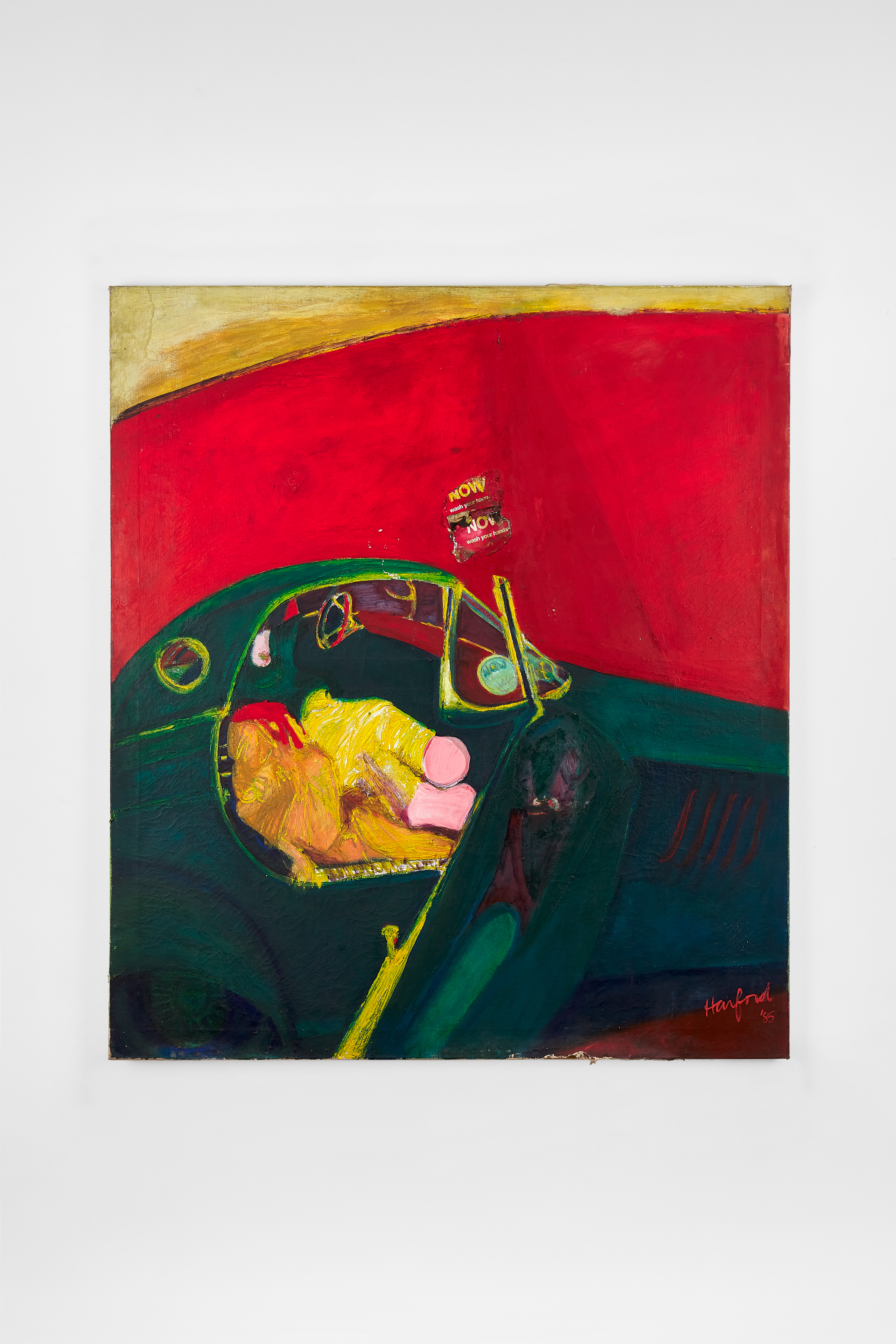 Abstract interior of a car with a reclining figure inside, painted in deep greens and reds with expressive, layered textures.