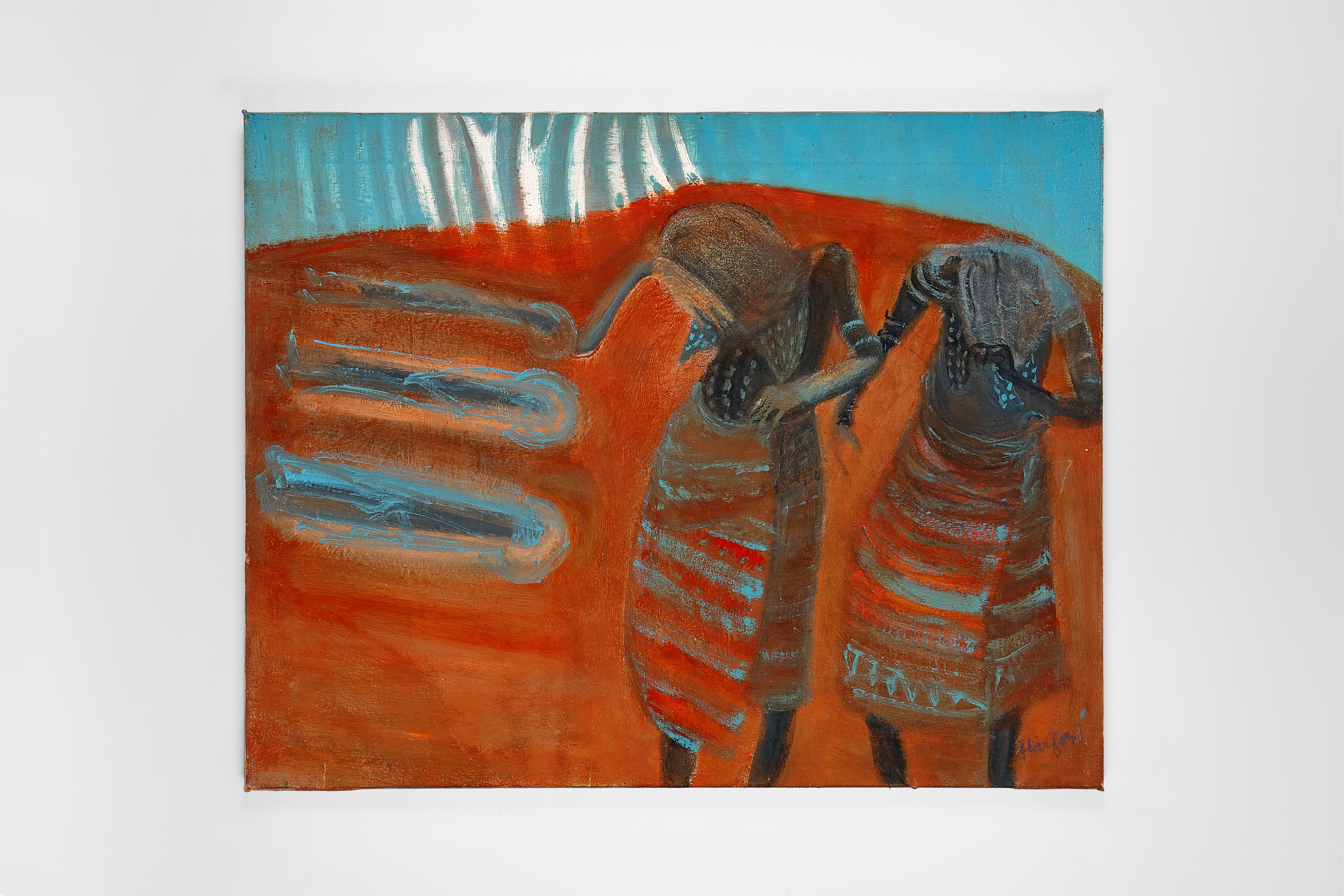 Painting of two standing figures wrapped in patterned garments, set against a red and blue landscape with gestural marks suggesting wind or motion.